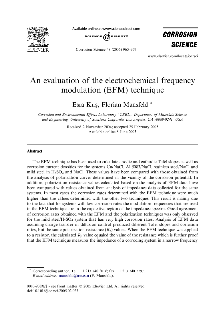 An evaluation of the electrochemical frequency modulation (EFM) technique