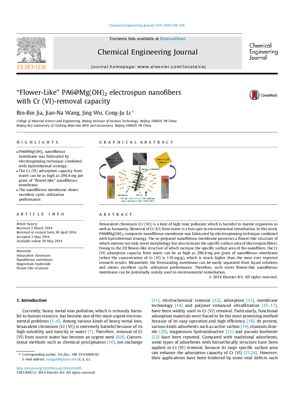 “Flower-Like” PA6@Mg(OH)2 electrospun nanofibers with Cr (VI)-removal capacity