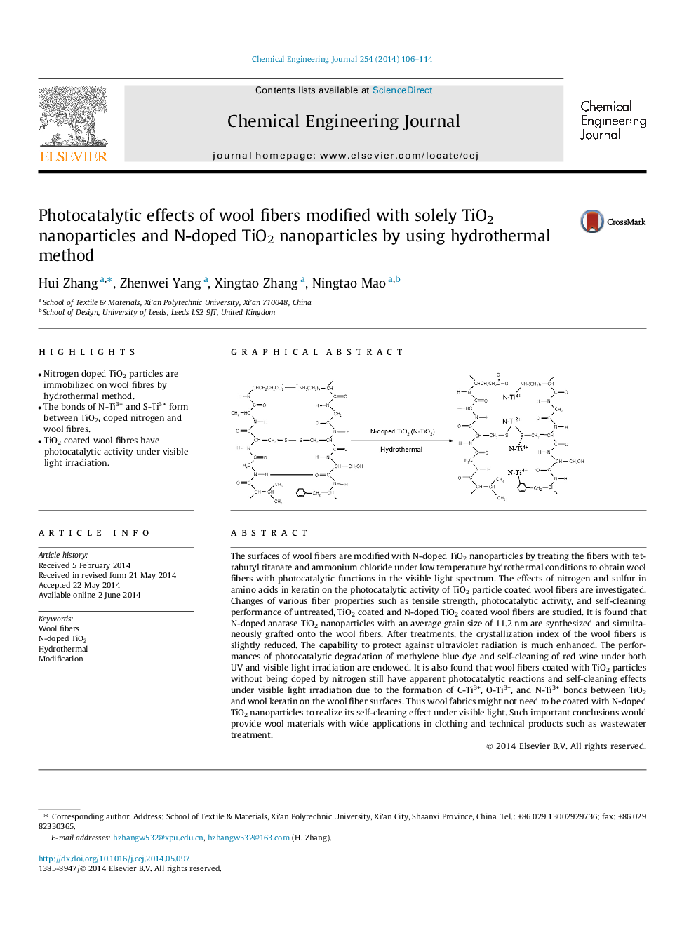 Photocatalytic effects of wool fibers modified with solely TiO2 nanoparticles and N-doped TiO2 nanoparticles by using hydrothermal method