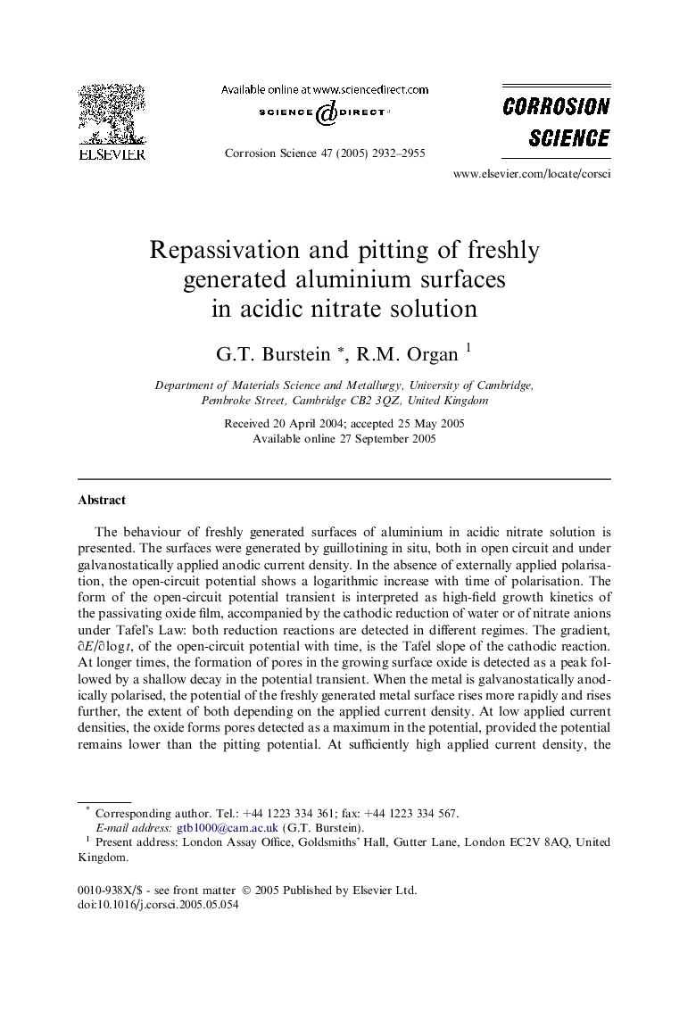 Repassivation and pitting of freshly generated aluminium surfaces in acidic nitrate solution