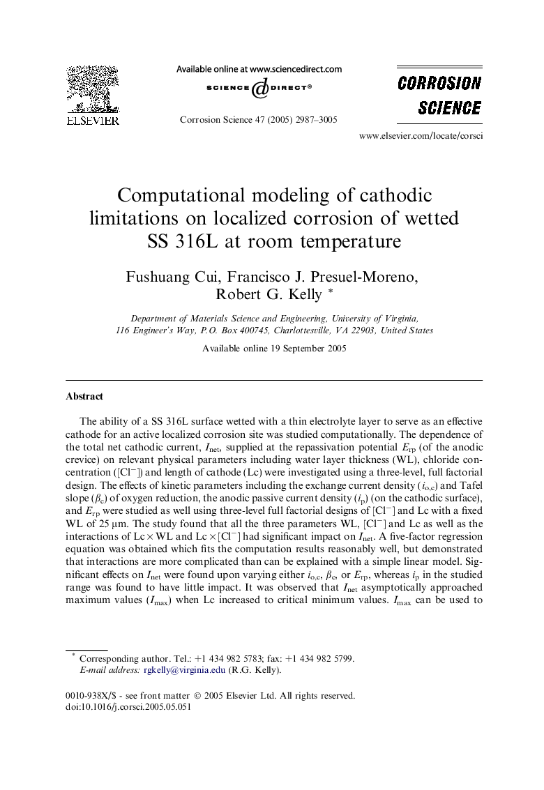 Computational modeling of cathodic limitations on localized corrosion of wetted SS 316L at room temperature