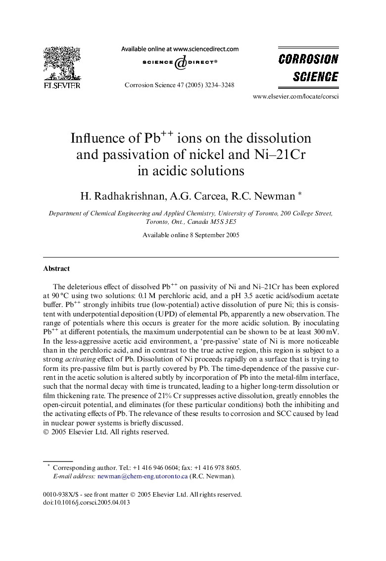 Influence of Pb++ ions on the dissolution and passivation of nickel and Ni–21Cr in acidic solutions