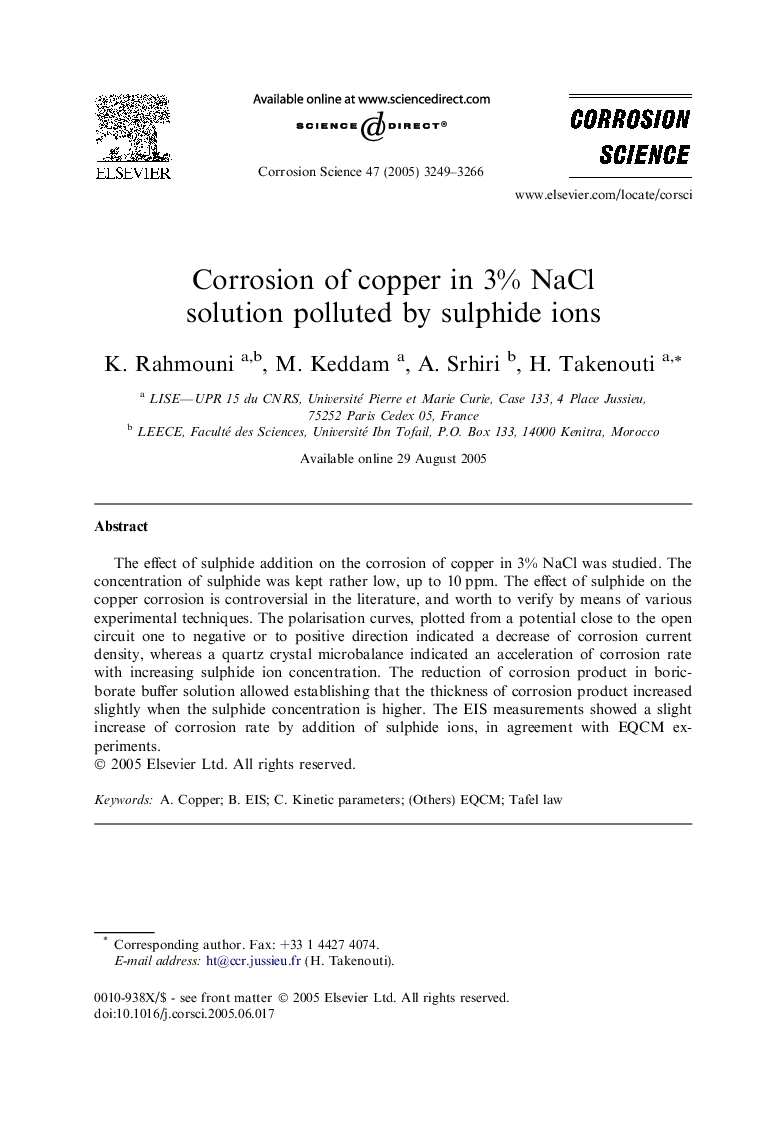 Corrosion of copper in 3% NaCl solution polluted by sulphide ions