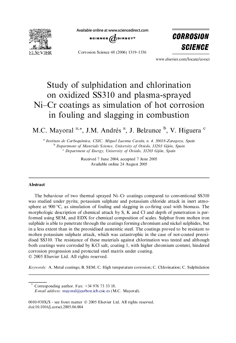Study of sulphidation and chlorination on oxidized SS310 and plasma-sprayed Ni–Cr coatings as simulation of hot corrosion in fouling and slagging in combustion