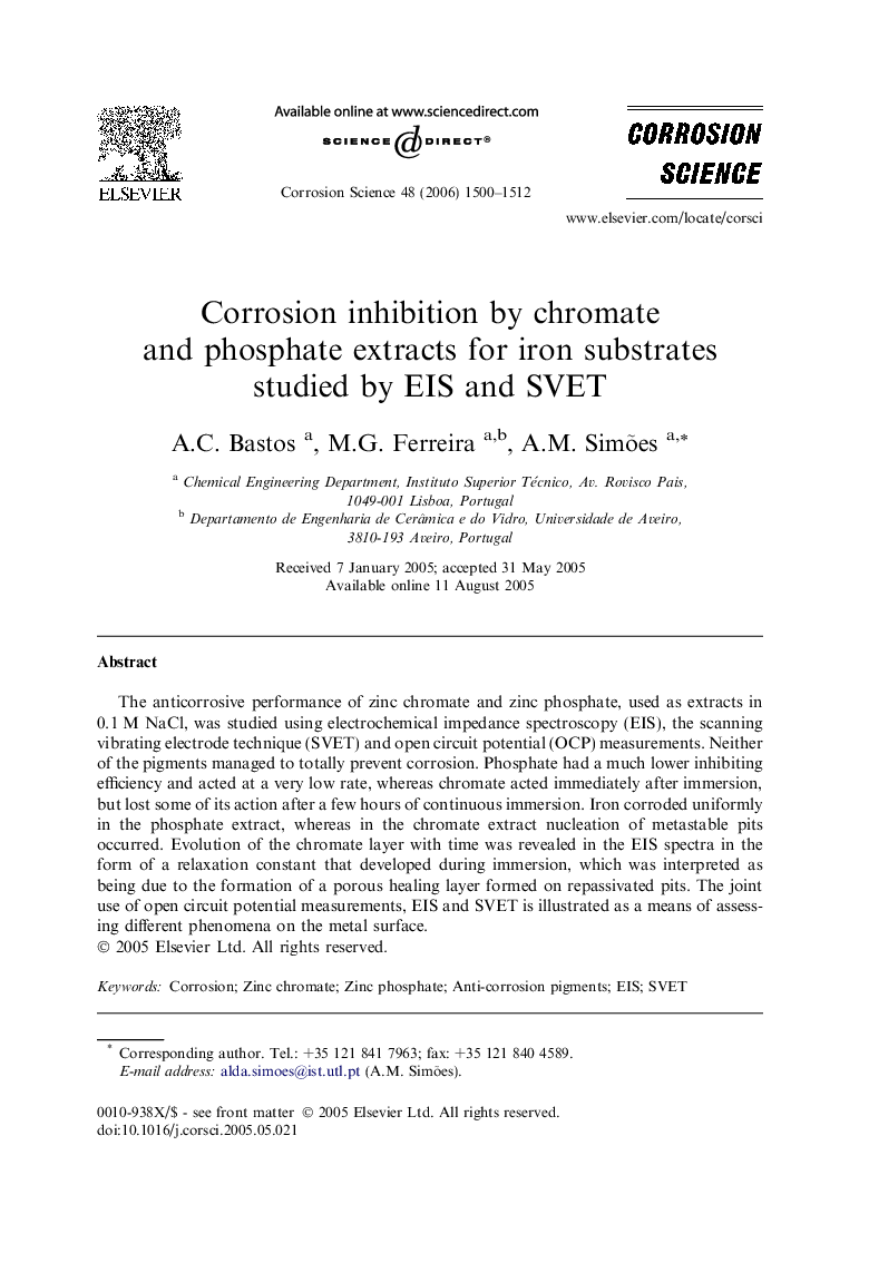 Corrosion inhibition by chromate and phosphate extracts for iron substrates studied by EIS and SVET