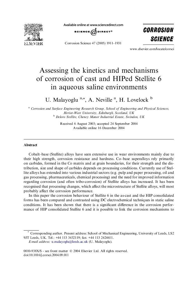 Assessing the kinetics and mechanisms of corrosion of cast and HIPed Stellite 6 in aqueous saline environments