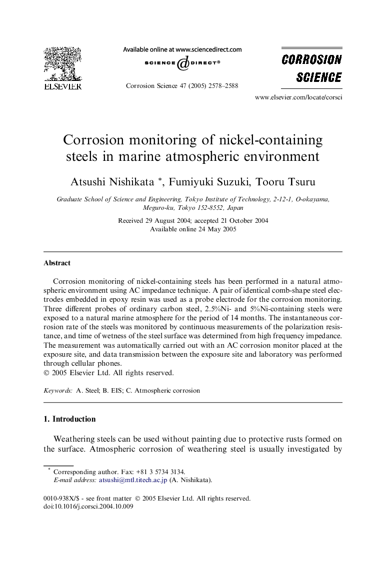 Corrosion monitoring of nickel-containing steels in marine atmospheric environment