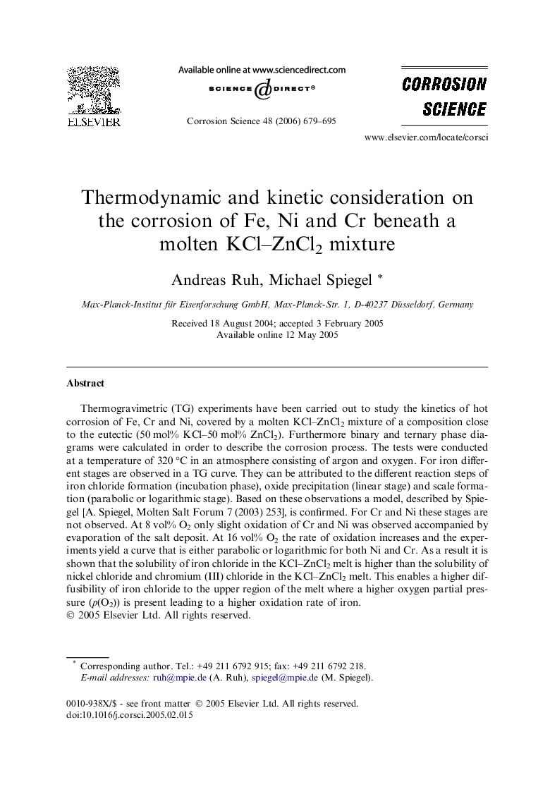 Thermodynamic and kinetic consideration on the corrosion of Fe, Ni and Cr beneath a molten KCl–ZnCl2 mixture