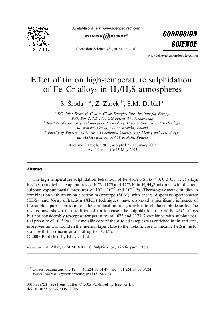 Effect of tin on high-temperature sulphidation of Fe–Cr alloys in H2/H2S atmospheres