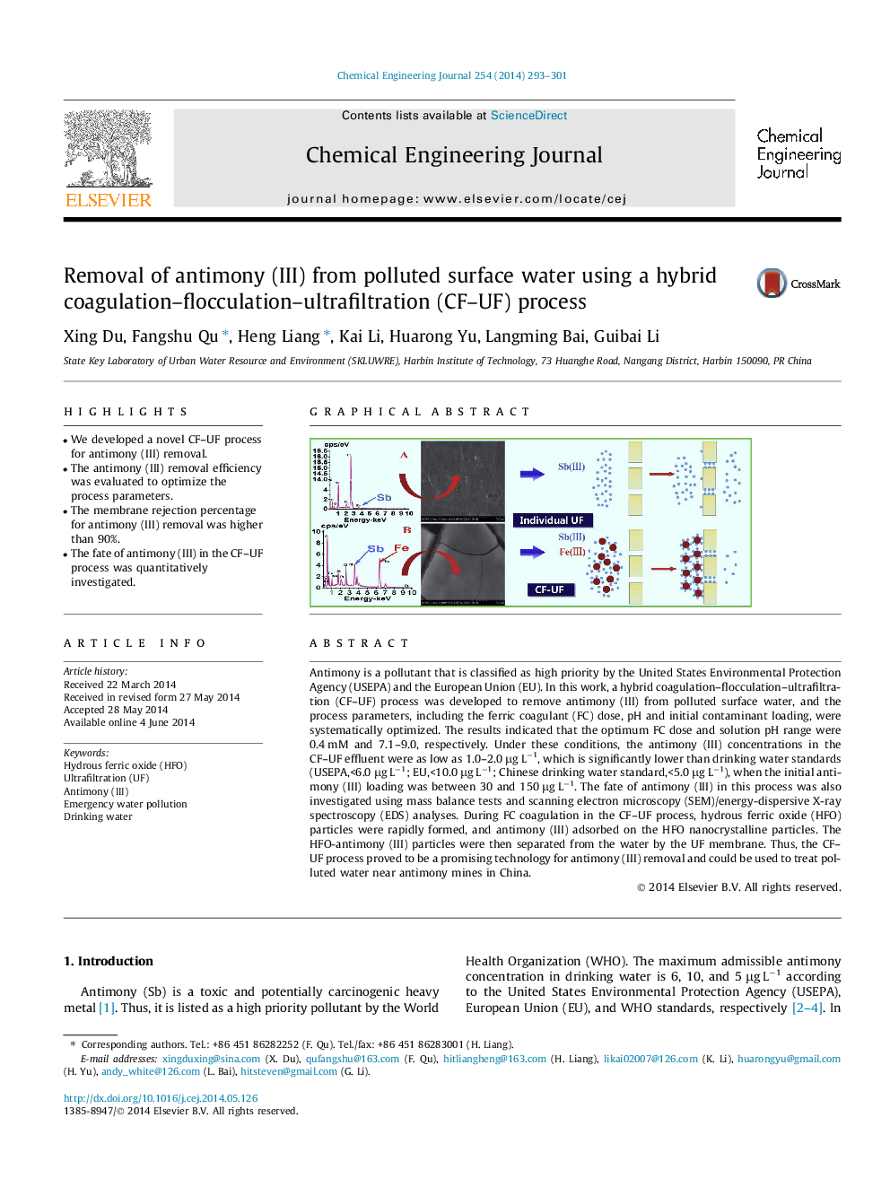 Removal of antimony (III) from polluted surface water using a hybrid coagulation–flocculation–ultrafiltration (CF–UF) process