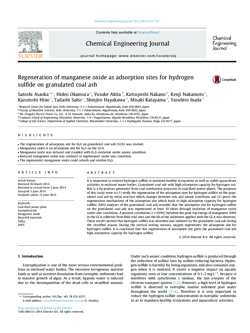 Regeneration of manganese oxide as adsorption sites for hydrogen sulfide on granulated coal ash