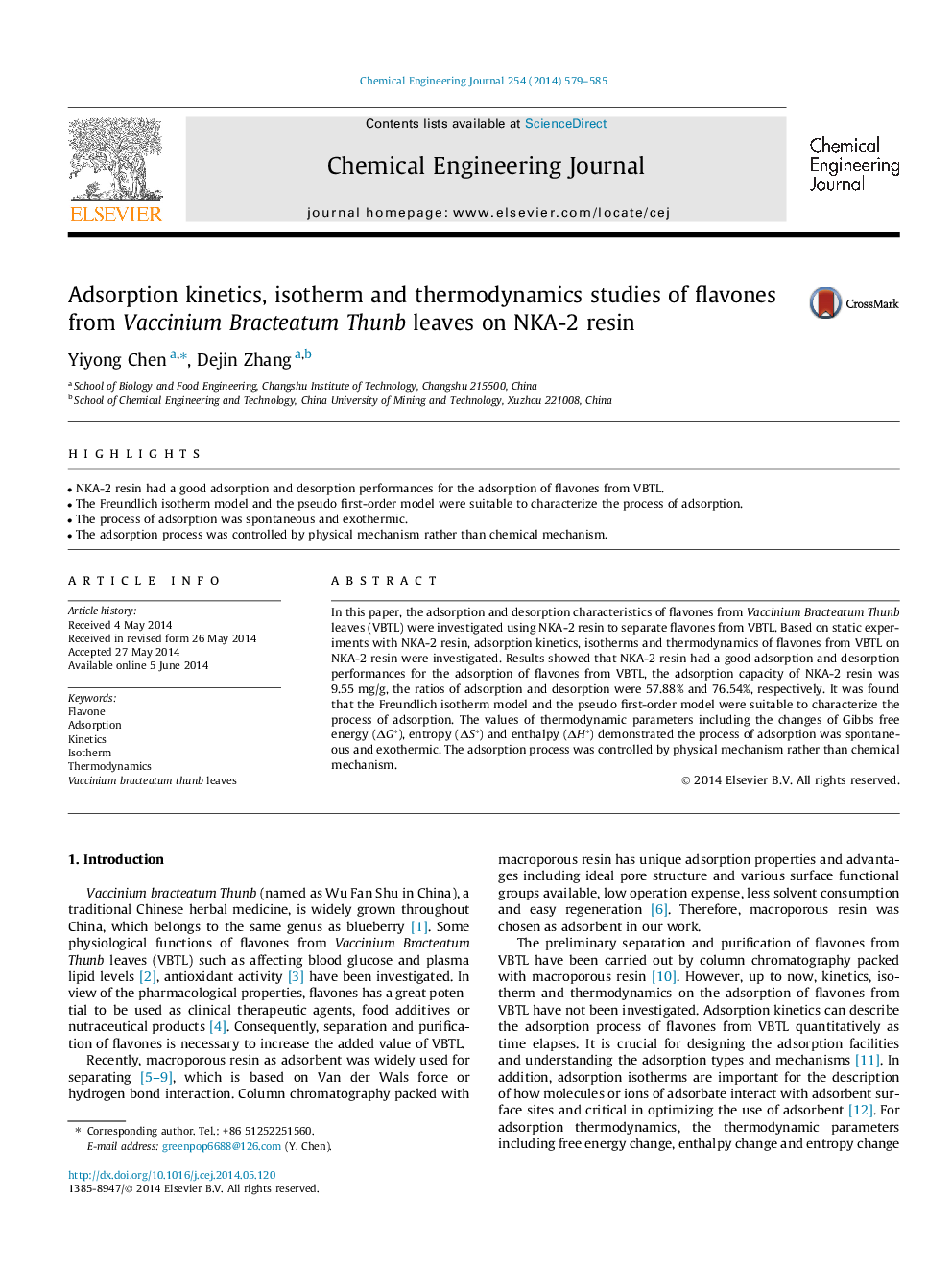 Adsorption kinetics, isotherm and thermodynamics studies of flavones from Vaccinium Bracteatum Thunb leaves on NKA-2 resin