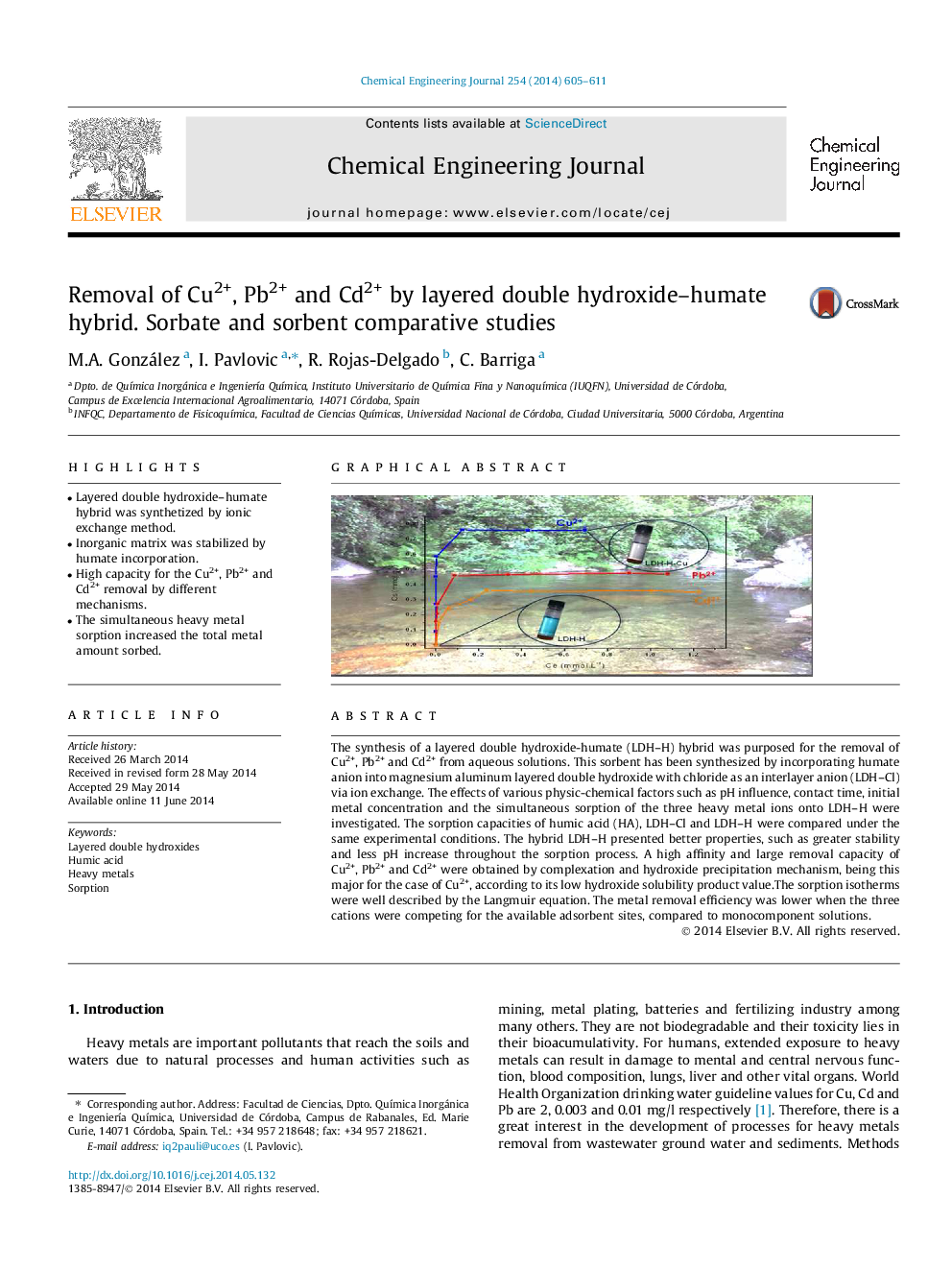 Removal of Cu2+, Pb2+ and Cd2+ by layered double hydroxide–humate hybrid. Sorbate and sorbent comparative studies