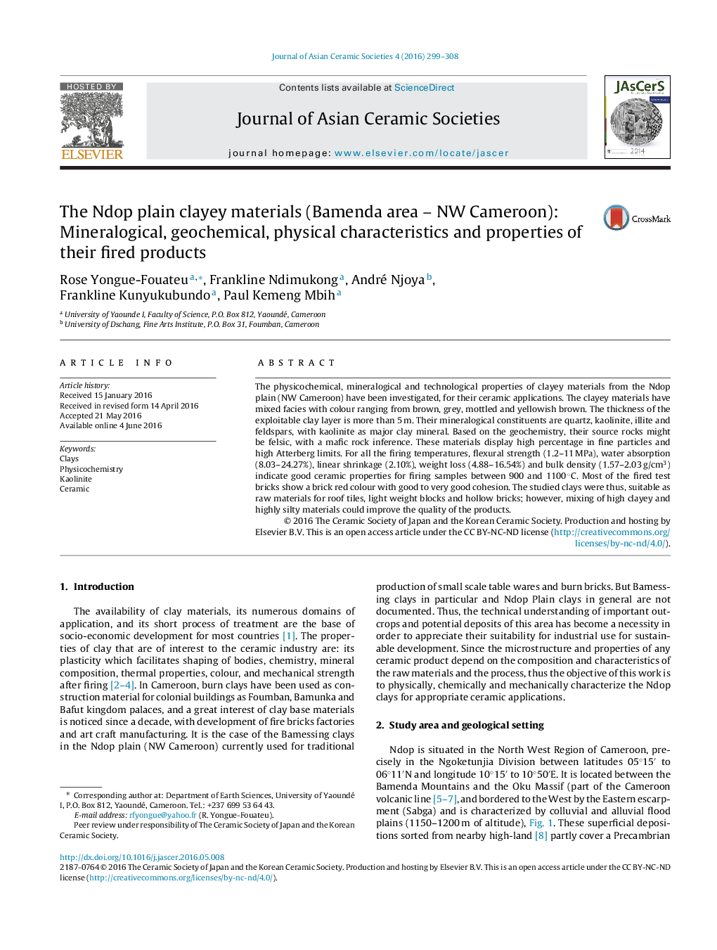 The Ndop plain clayey materials (Bamenda area – NW Cameroon): Mineralogical, geochemical, physical characteristics and properties of their fired products 