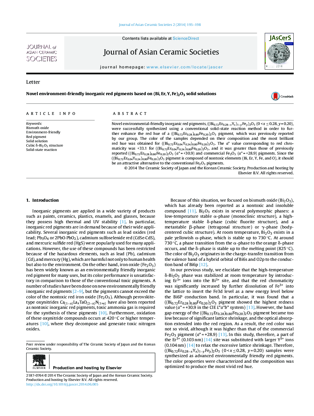 Novel environment-friendly inorganic red pigments based on (Bi, Er, Y, Fe)2O3 solid solutions 