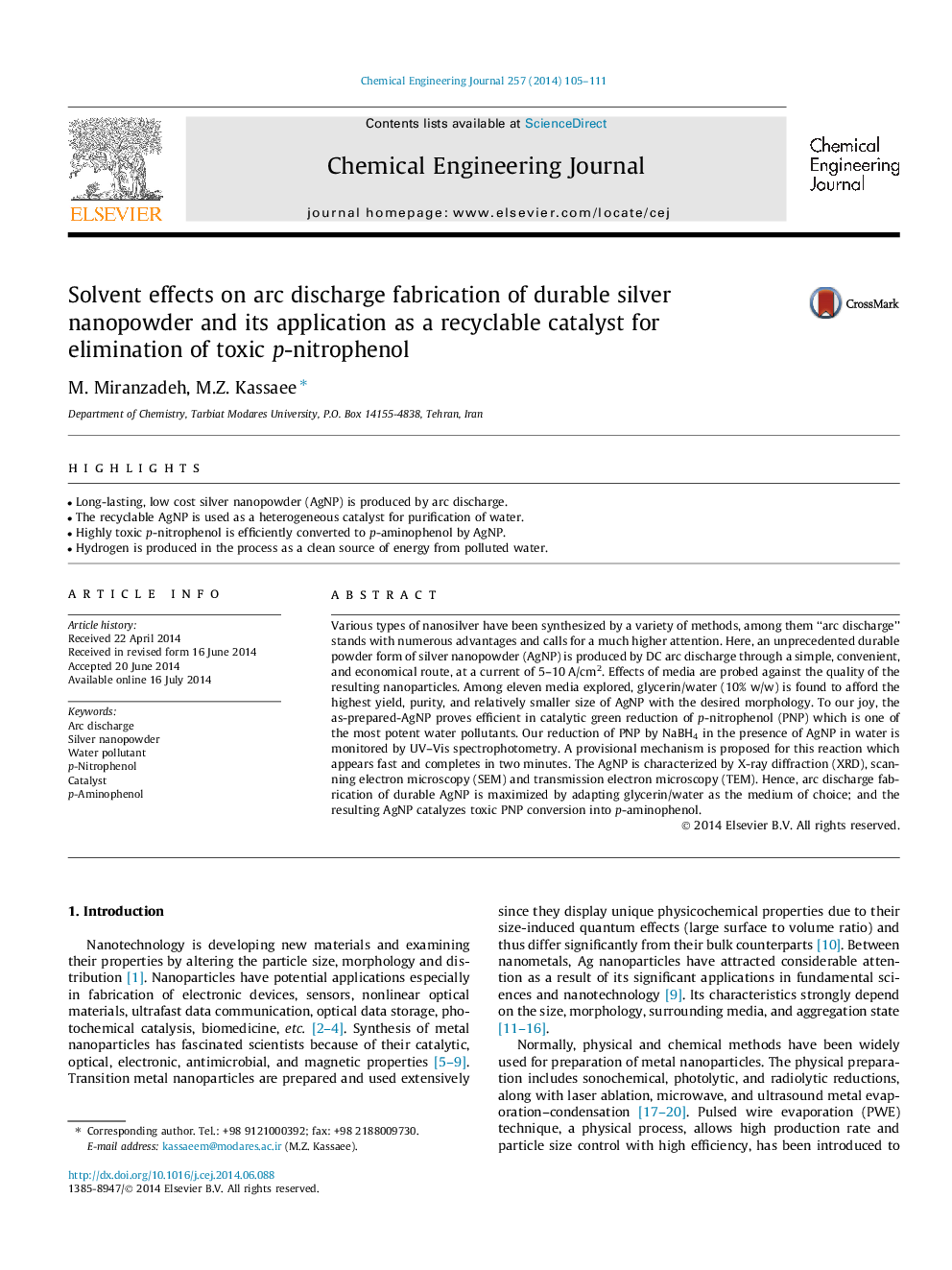 Solvent effects on arc discharge fabrication of durable silver nanopowder and its application as a recyclable catalyst for elimination of toxic p-nitrophenol