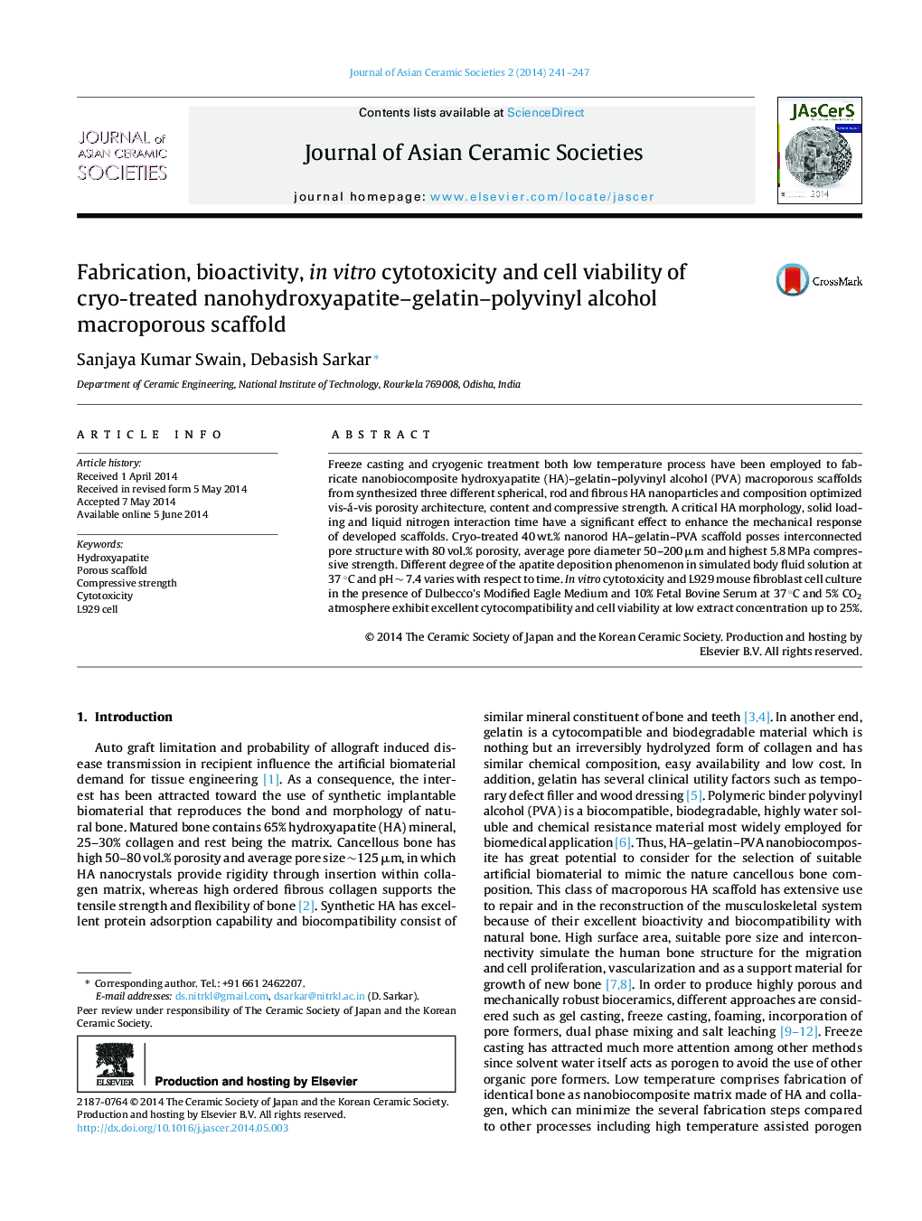 Fabrication, bioactivity, in vitro cytotoxicity and cell viability of cryo-treated nanohydroxyapatite–gelatin–polyvinyl alcohol macroporous scaffold 