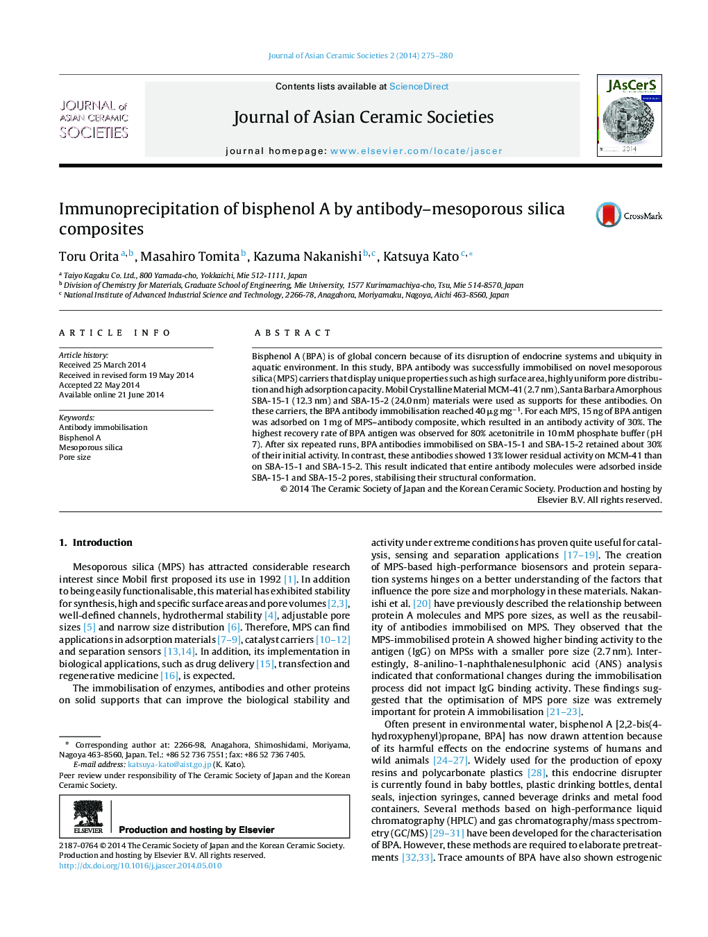 Immunoprecipitation of bisphenol A by antibody–mesoporous silica composites 