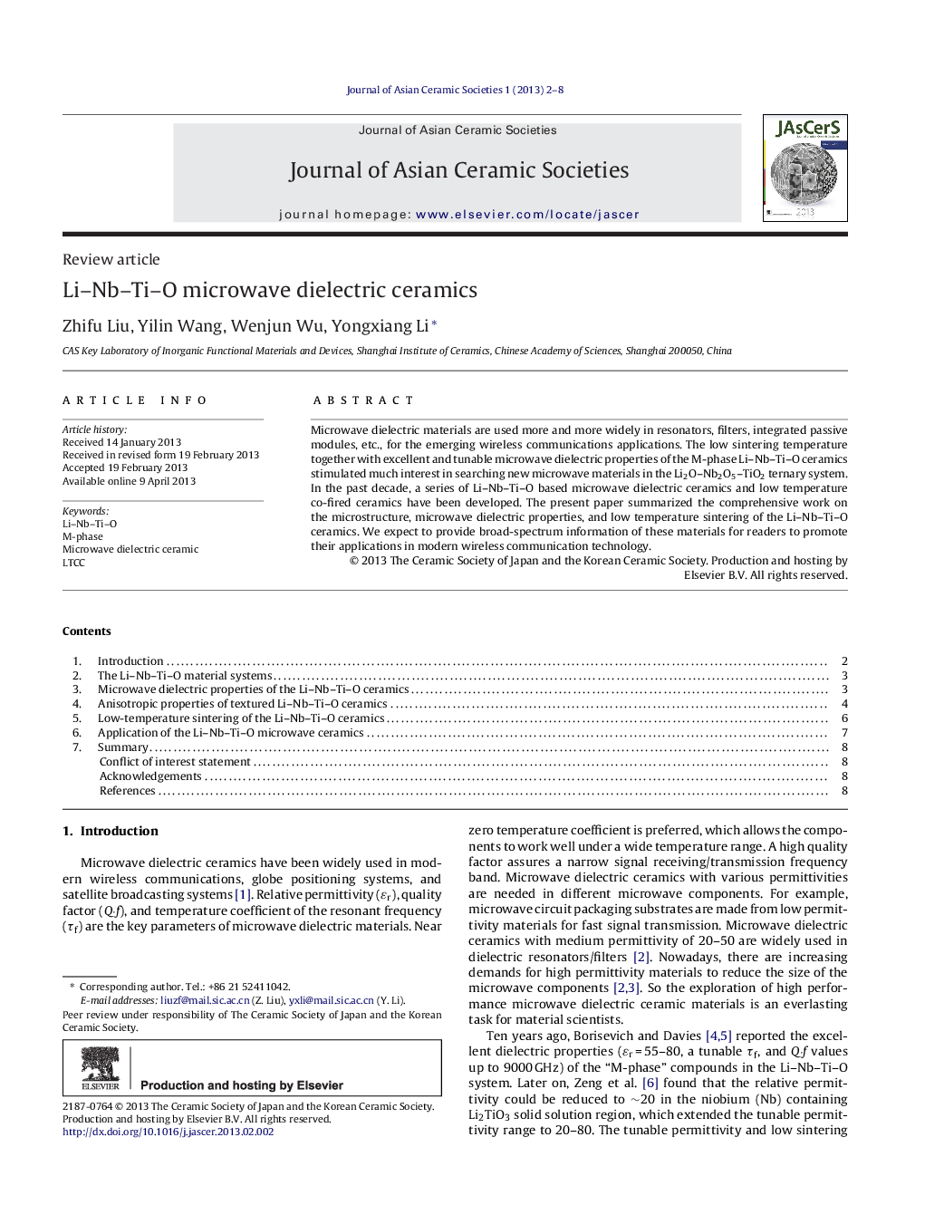 عکس صفحه اول مقاله: Li–Nb–Ti–O microwave dielectric ceramics Li–Nb–Ti–O microwave dielectric ceramics