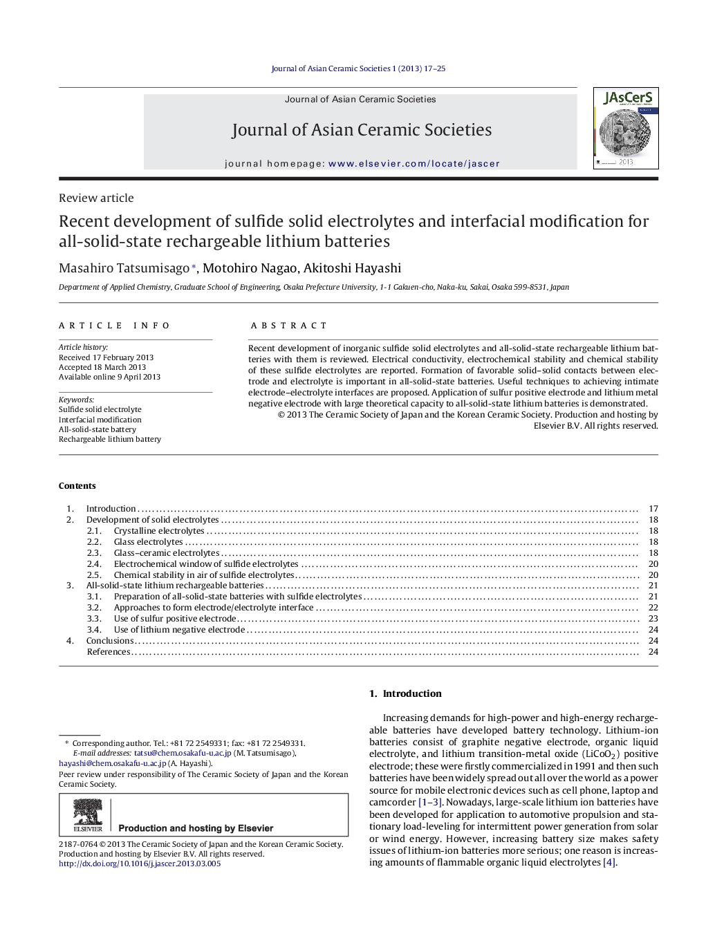 Recent development of sulfide solid electrolytes and interfacial modification for all-solid-state rechargeable lithium batteries 