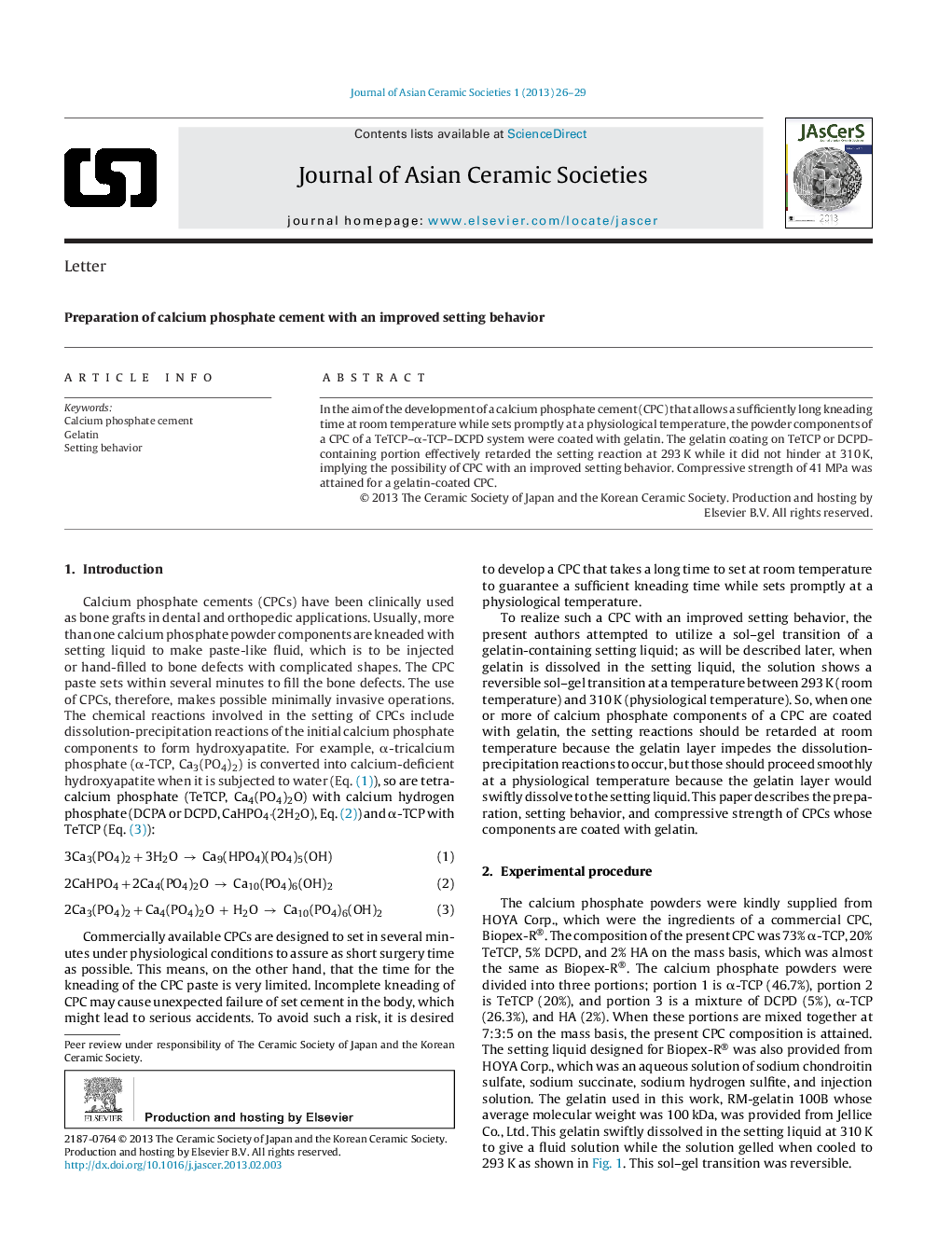 Preparation of calcium phosphate cement with an improved setting behavior 