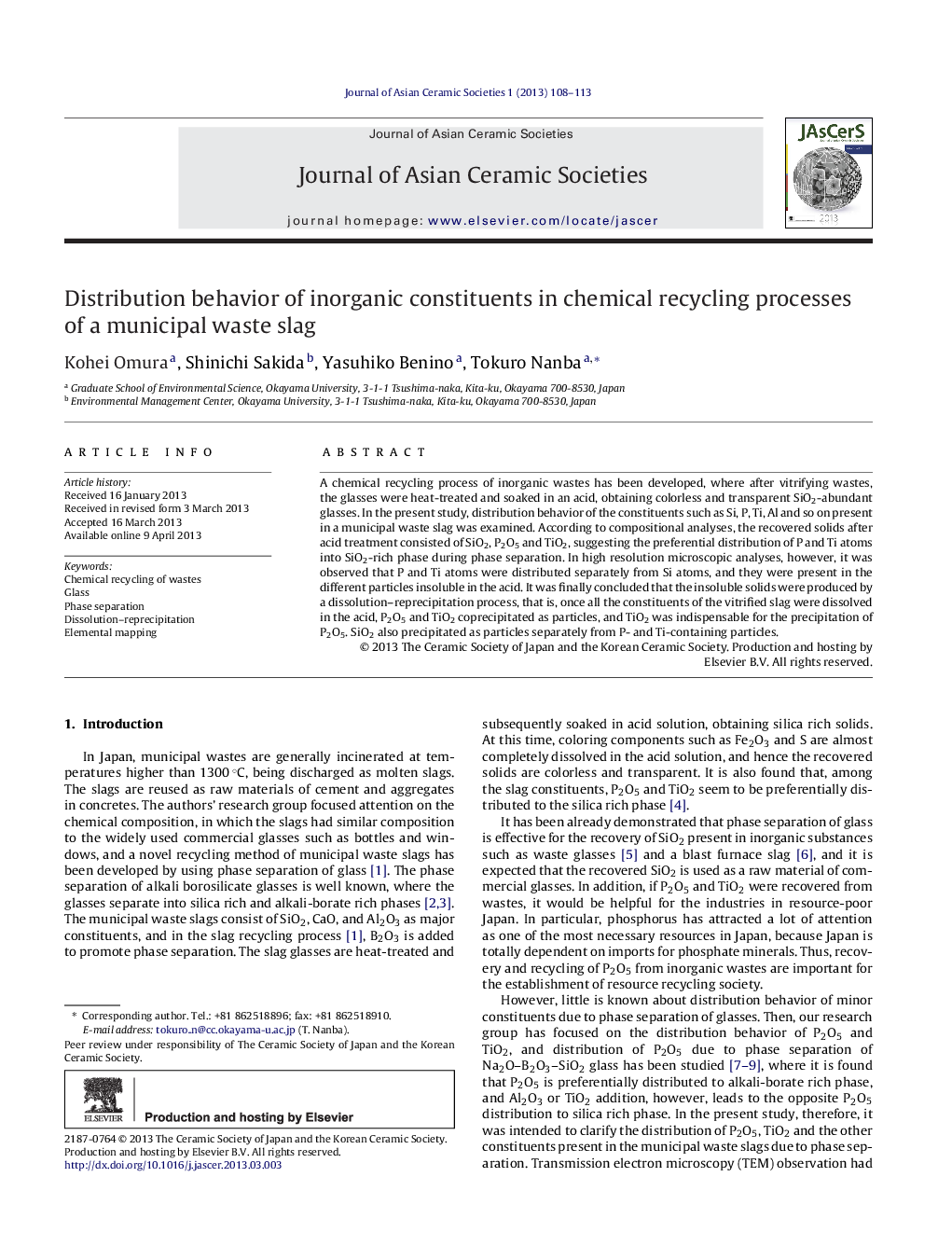 Distribution behavior of inorganic constituents in chemical recycling processes of a municipal waste slag 