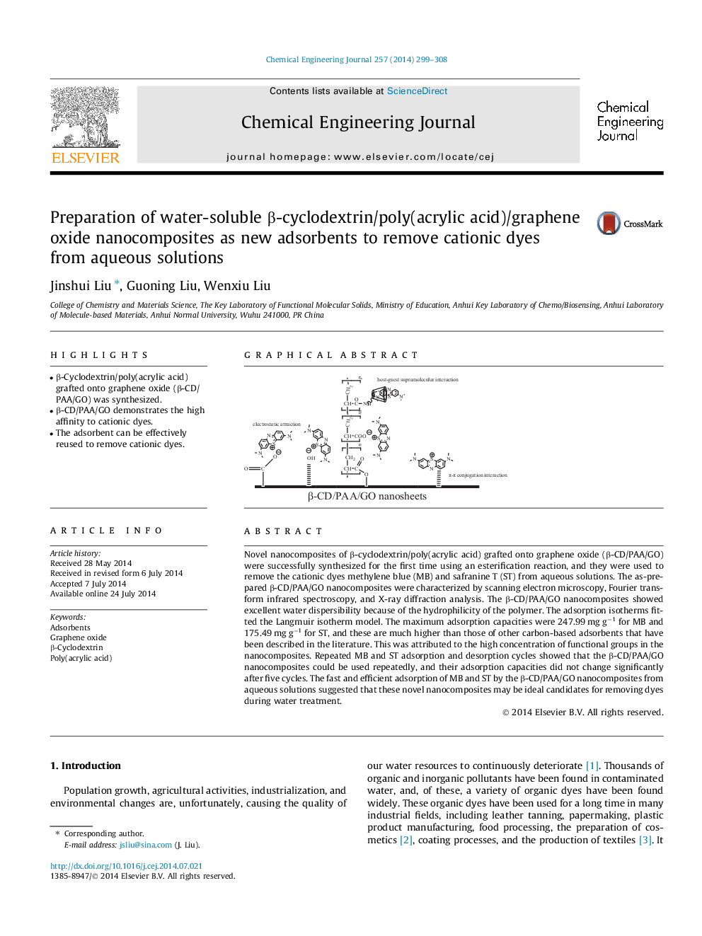 Preparation of water-soluble β-cyclodextrin/poly(acrylic acid)/graphene oxide nanocomposites as new adsorbents to remove cationic dyes from aqueous solutions