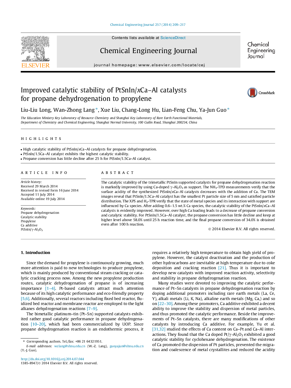 Improved catalytic stability of PtSnIn/xCa–Al catalysts for propane dehydrogenation to propylene