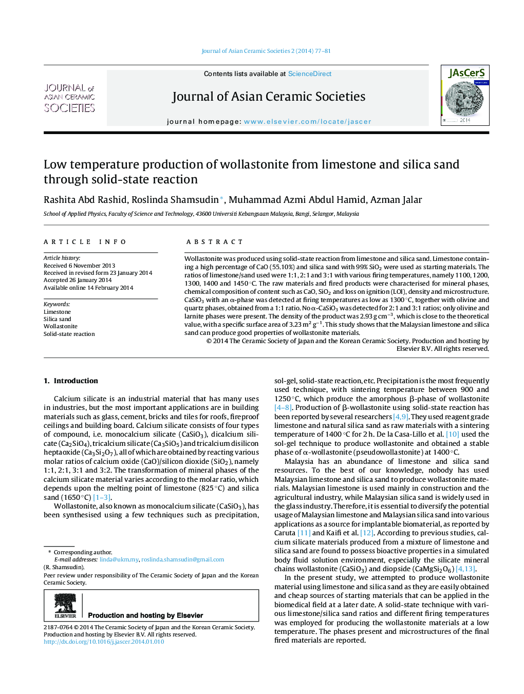 Low temperature production of wollastonite from limestone and silica sand through solid-state reaction 