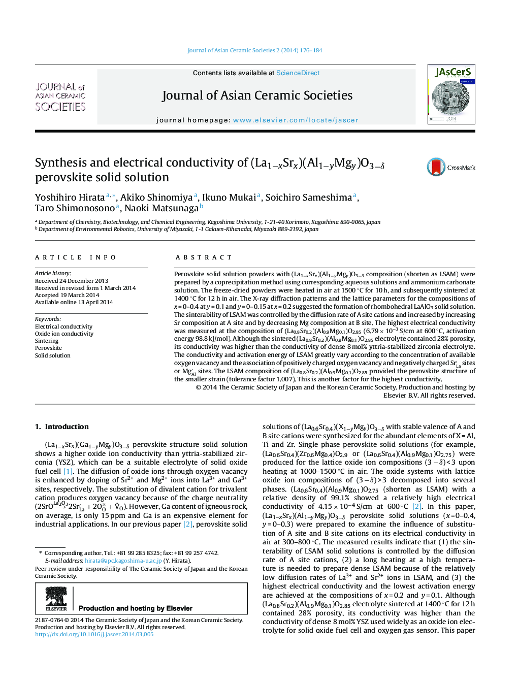 Synthesis and electrical conductivity of (La1−xSrx)(Al1−yMgy)O3−δ perovskite solid solution 