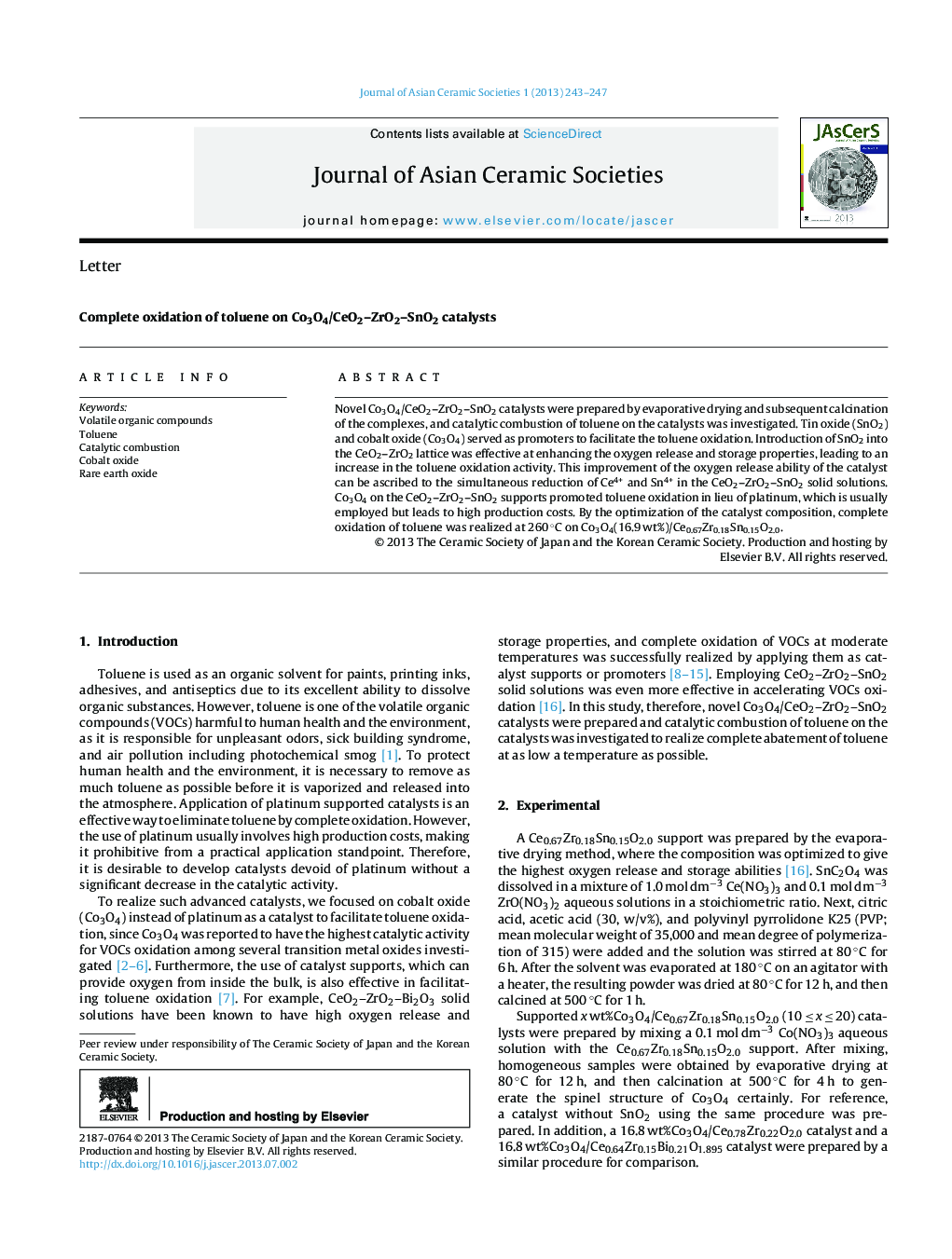 Complete oxidation of toluene on Co3O4/CeO2–ZrO2–SnO2 catalysts 