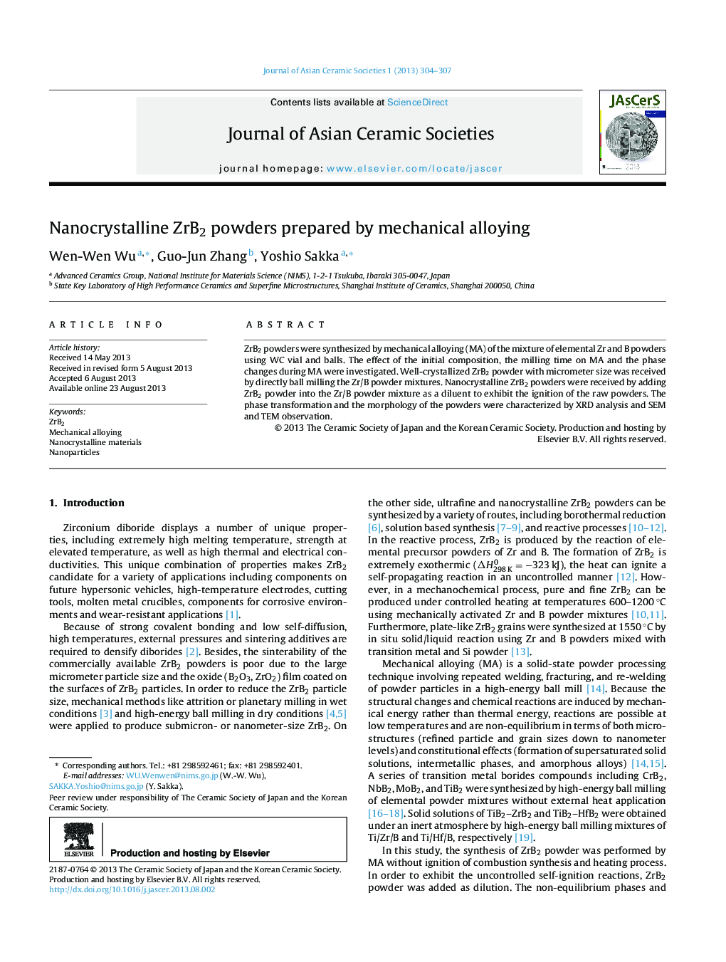 Nanocrystalline ZrB2 powders prepared by mechanical alloying 