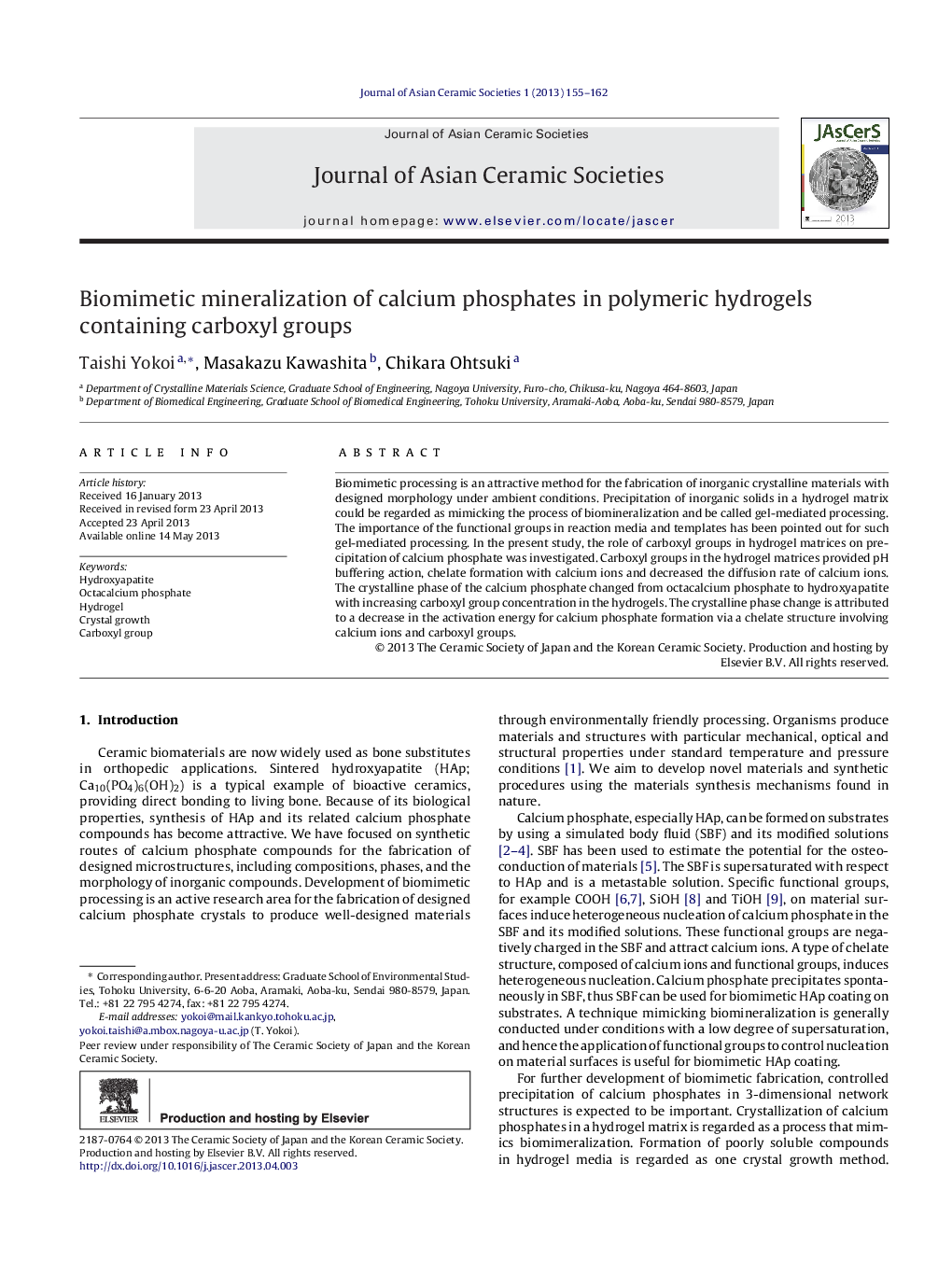 Biomimetic mineralization of calcium phosphates in polymeric hydrogels containing carboxyl groups 