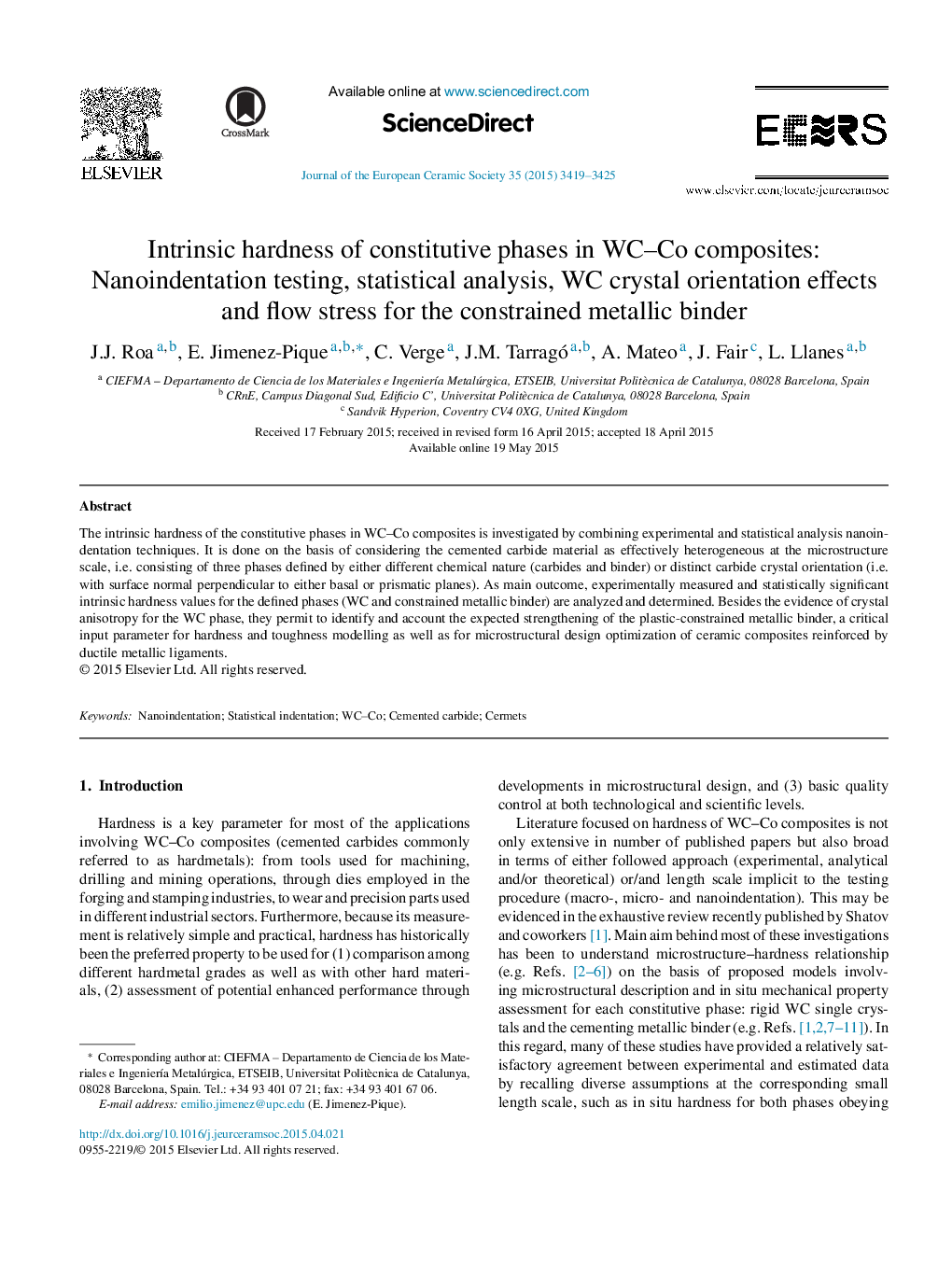 Intrinsic hardness of constitutive phases in WC–Co composites: Nanoindentation testing, statistical analysis, WC crystal orientation effects and flow stress for the constrained metallic binder