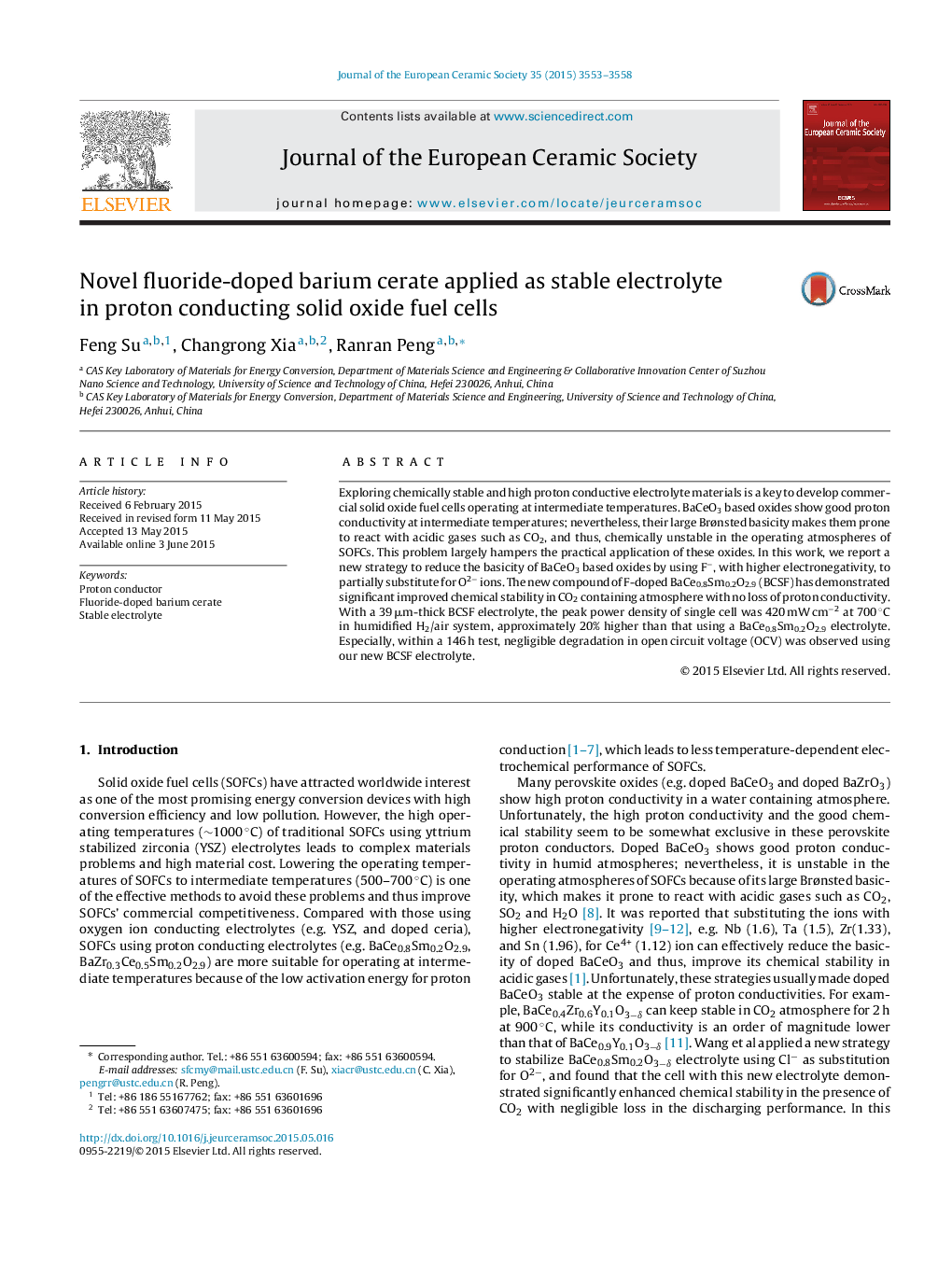 Novel fluoride-doped barium cerate applied as stable electrolyte in proton conducting solid oxide fuel cells