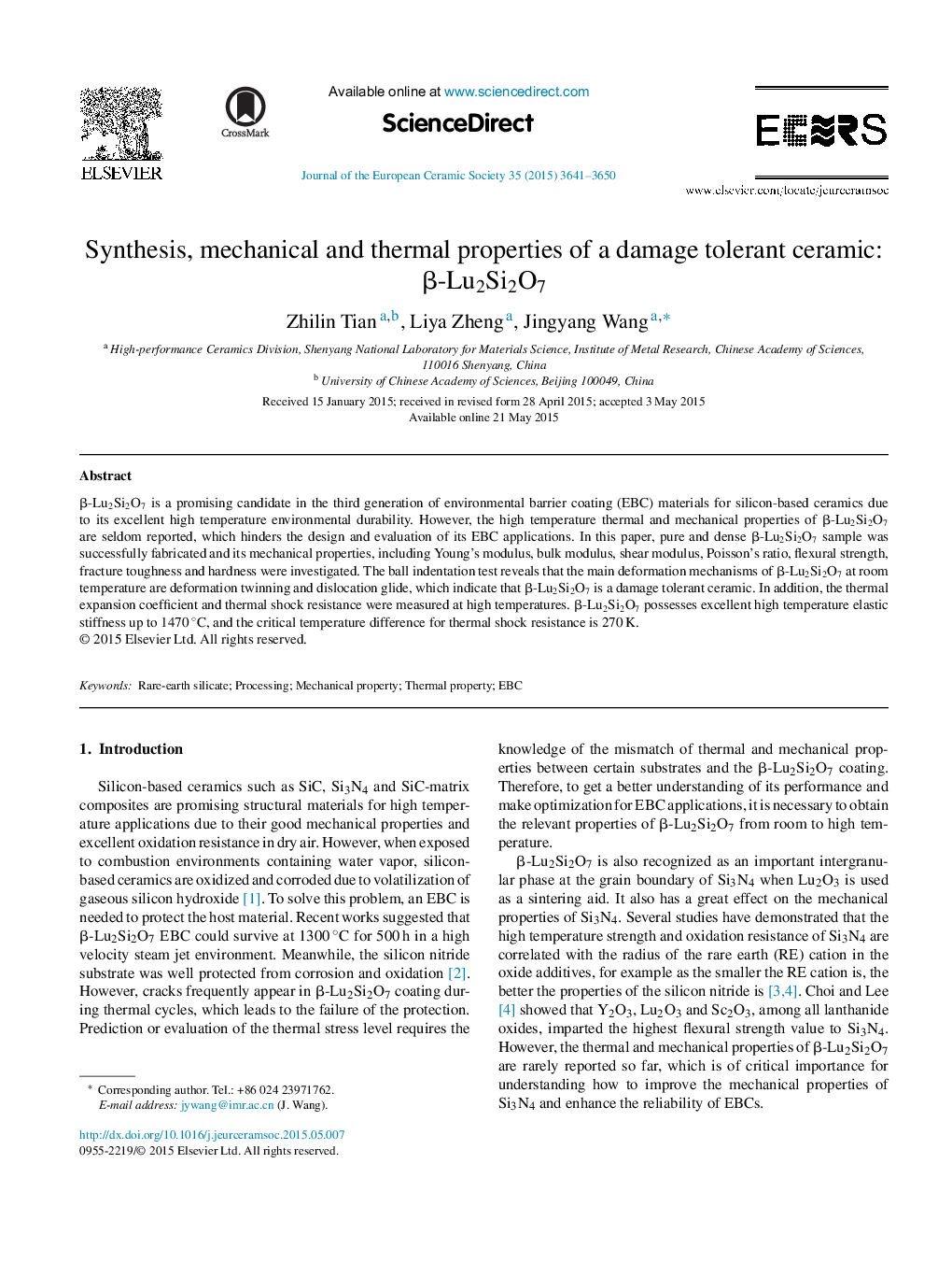 Synthesis, mechanical and thermal properties of a damage tolerant ceramic: β-Lu2Si2O7