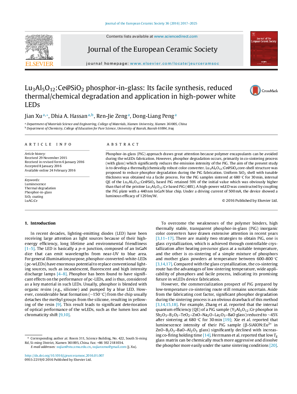 Lu3Al5O12:Ce@SiO2 phosphor-in-glass: Its facile synthesis, reduced thermal/chemical degradation and application in high-power white LEDs