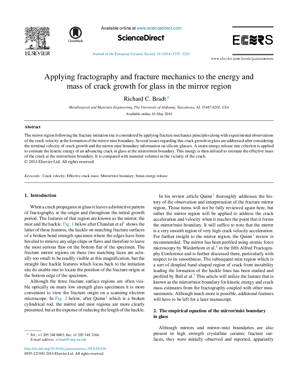 Applying fractography and fracture mechanics to the energy and mass of crack growth for glass in the mirror region