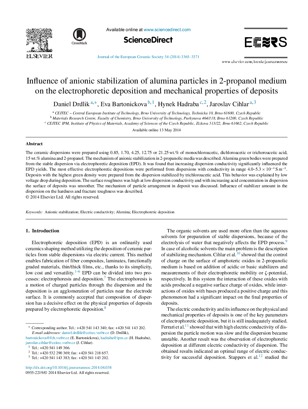 تأثیر تثبیت آنیون ذرات آلومینا در محیط 2 پروپانول بر رسوبات الکتروفورز و خواص مکانیکی رسوبات 