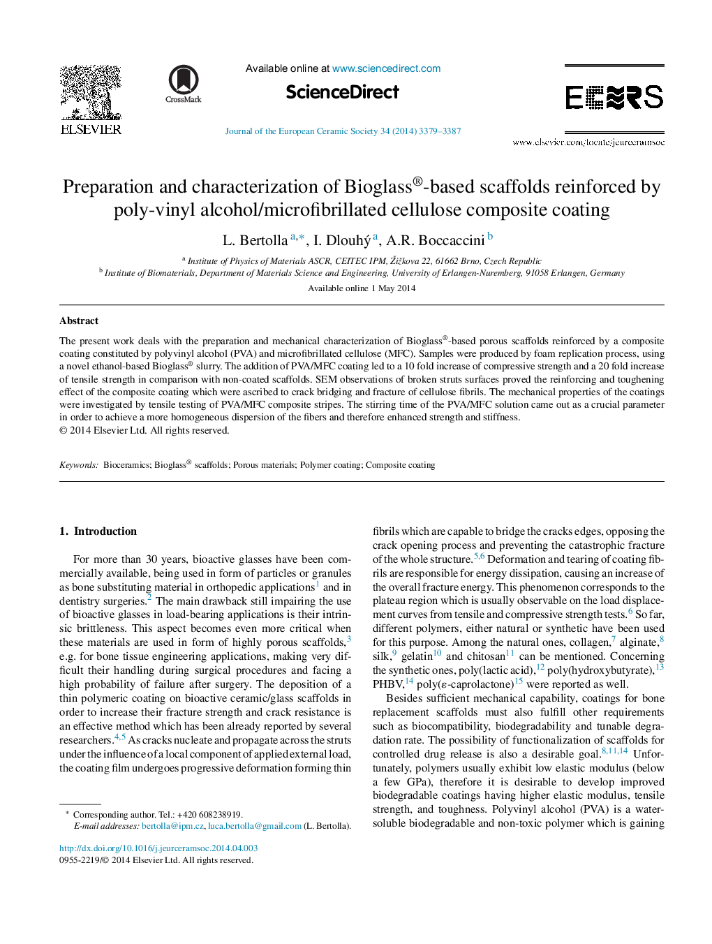 Preparation and characterization of Bioglass®-based scaffolds reinforced by poly-vinyl alcohol/microfibrillated cellulose composite coating