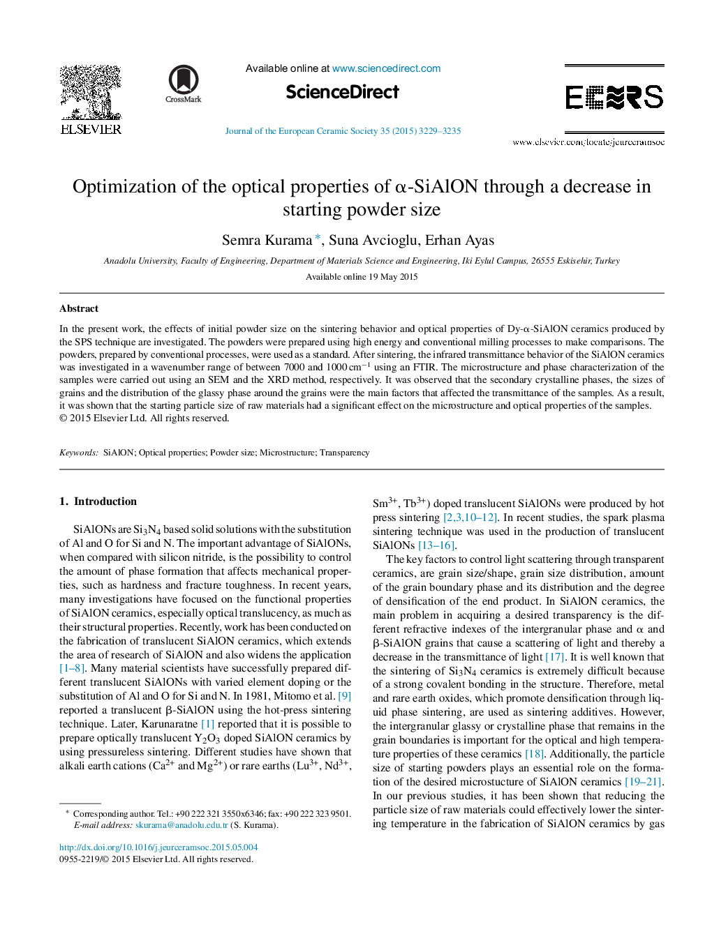Optimization of the optical properties of α-SiAlON through a decrease in starting powder size