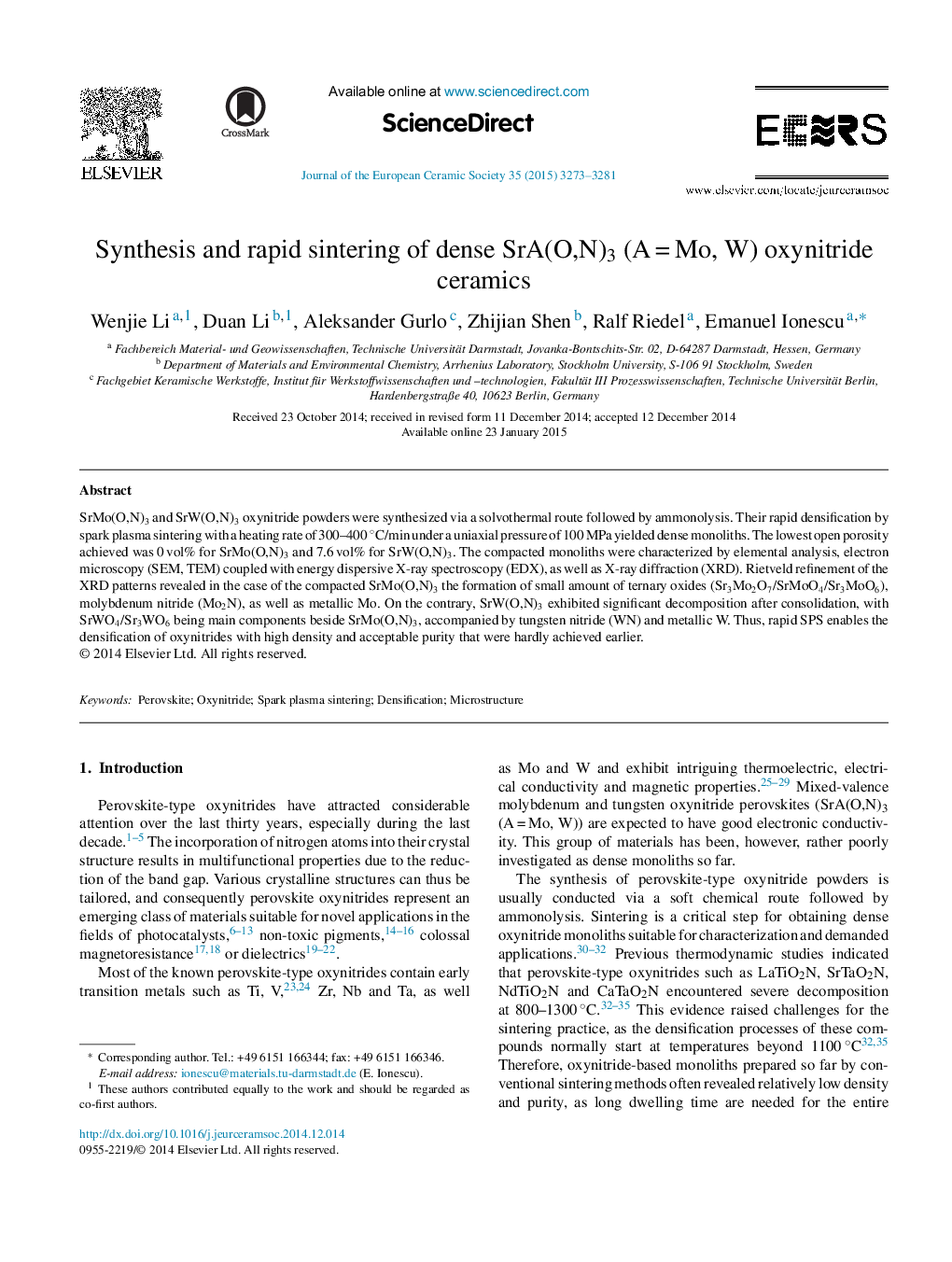 Synthesis and rapid sintering of dense SrA(O,N)3 (A = Mo, W) oxynitride ceramics