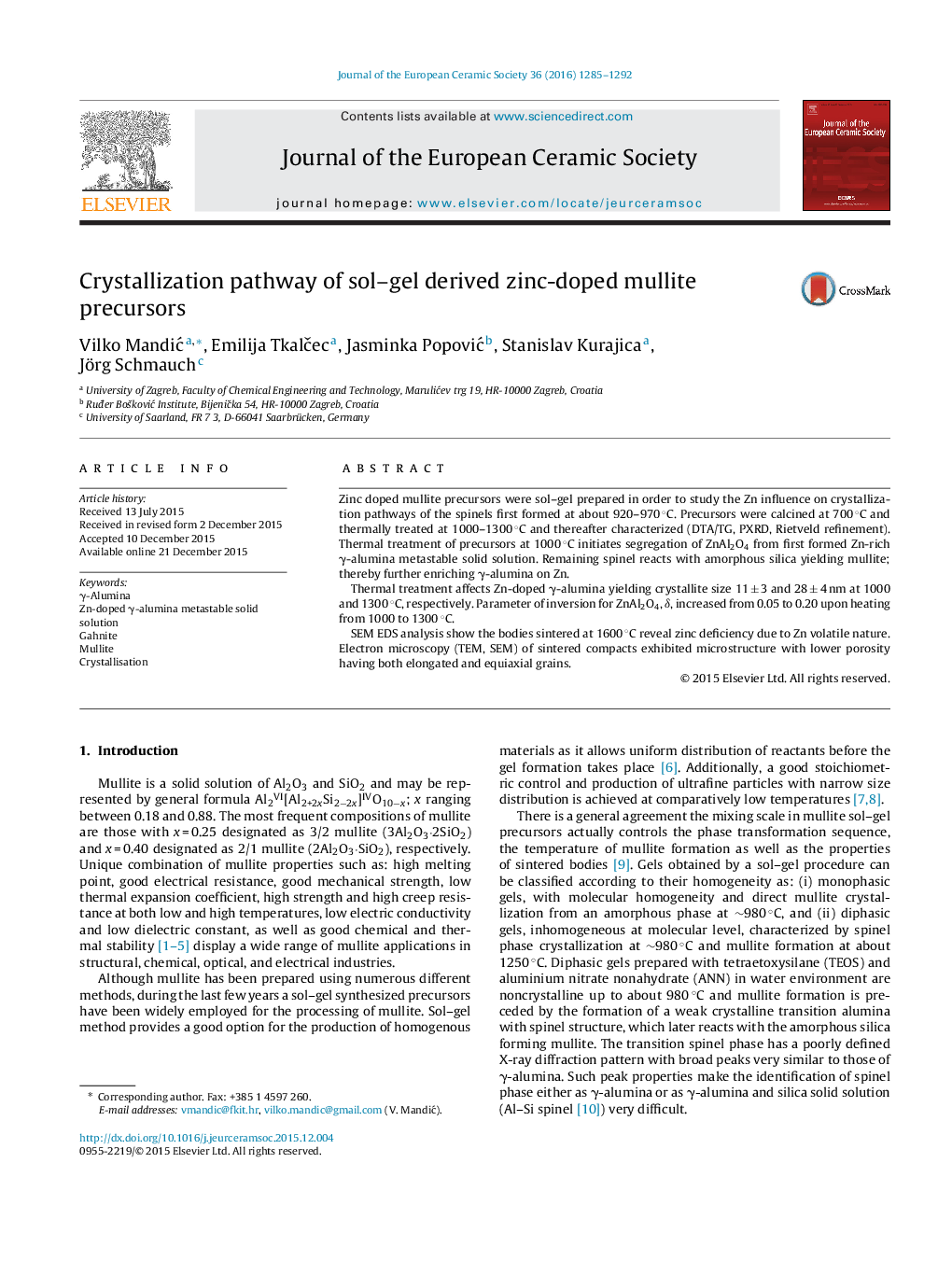 Crystallization pathway of sol–gel derived zinc-doped mullite precursors