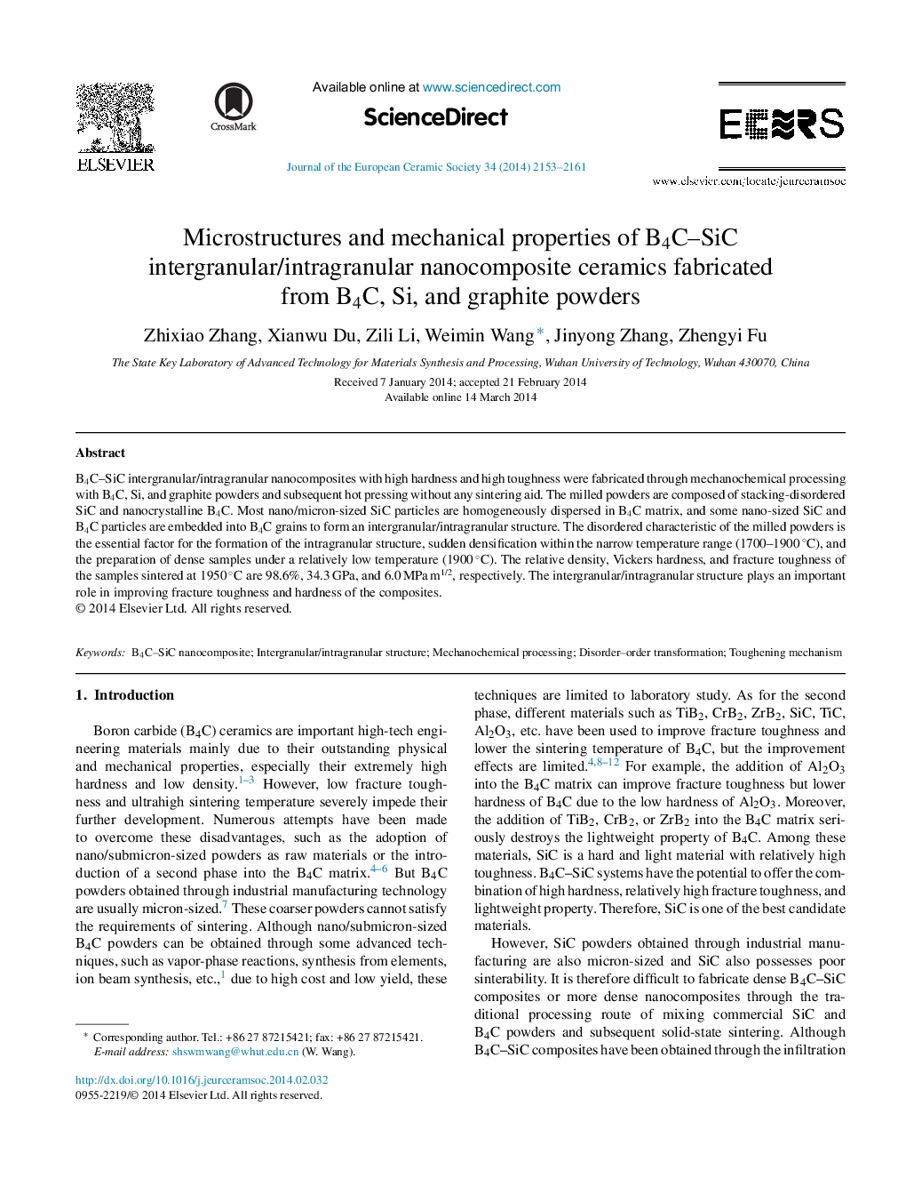 Microstructures and mechanical properties of B4C–SiC intergranular/intragranular nanocomposite ceramics fabricated from B4C, Si, and graphite powders