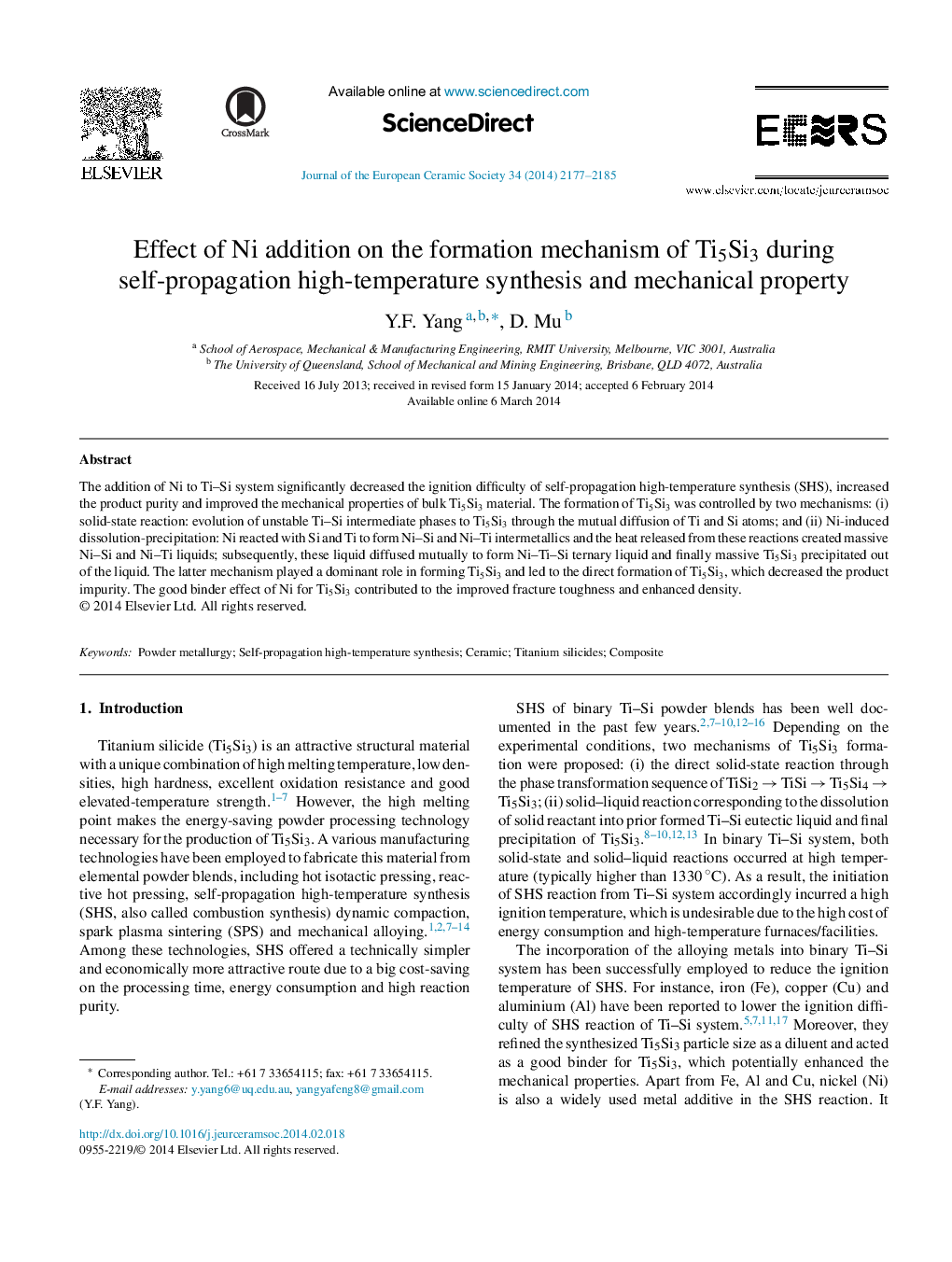 Effect of Ni addition on the formation mechanism of Ti5Si3 during self-propagation high-temperature synthesis and mechanical property