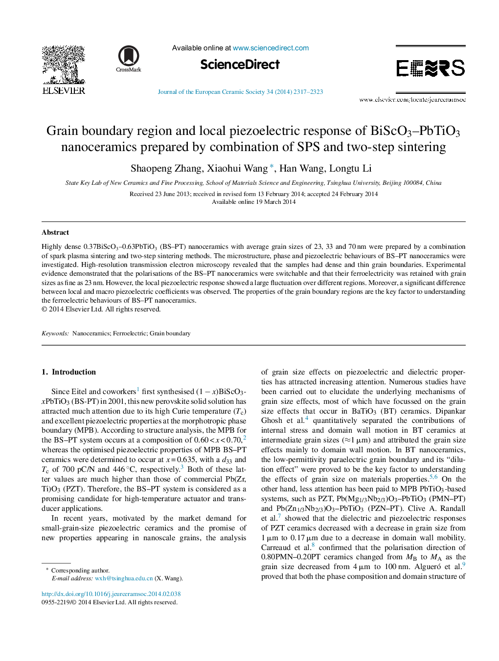 Grain boundary region and local piezoelectric response of BiScO3–PbTiO3 nanoceramics prepared by combination of SPS and two-step sintering