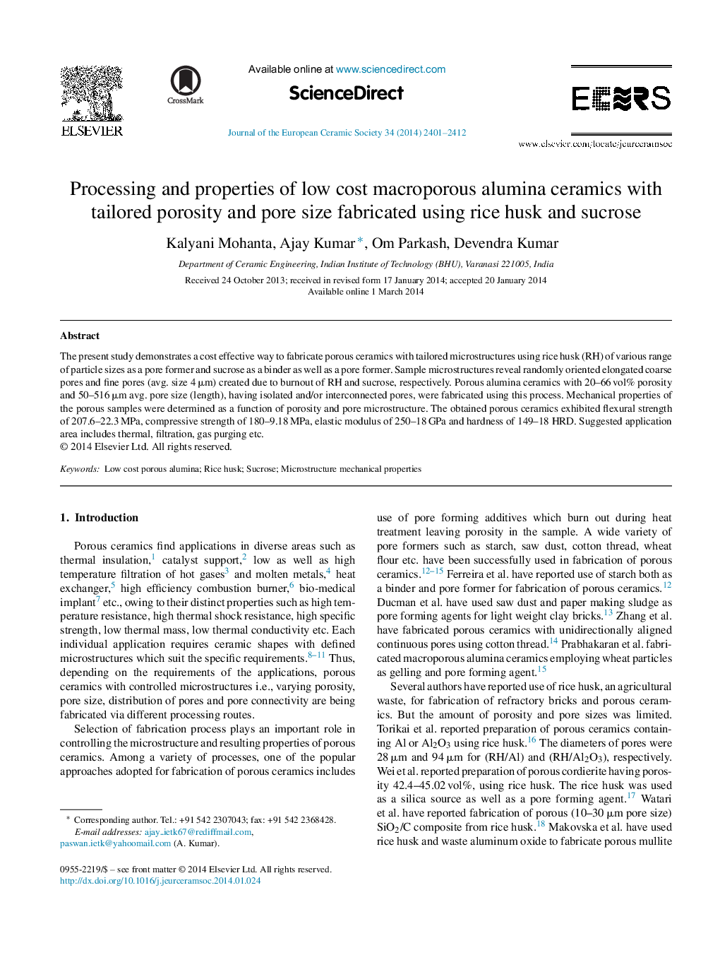 پردازش و خواص سرامیک آلومینا عمدتا کم هزینه با تخلخل و اندازه منافذ ساخته شده با استفاده از پوسته برنج و ساکارز 