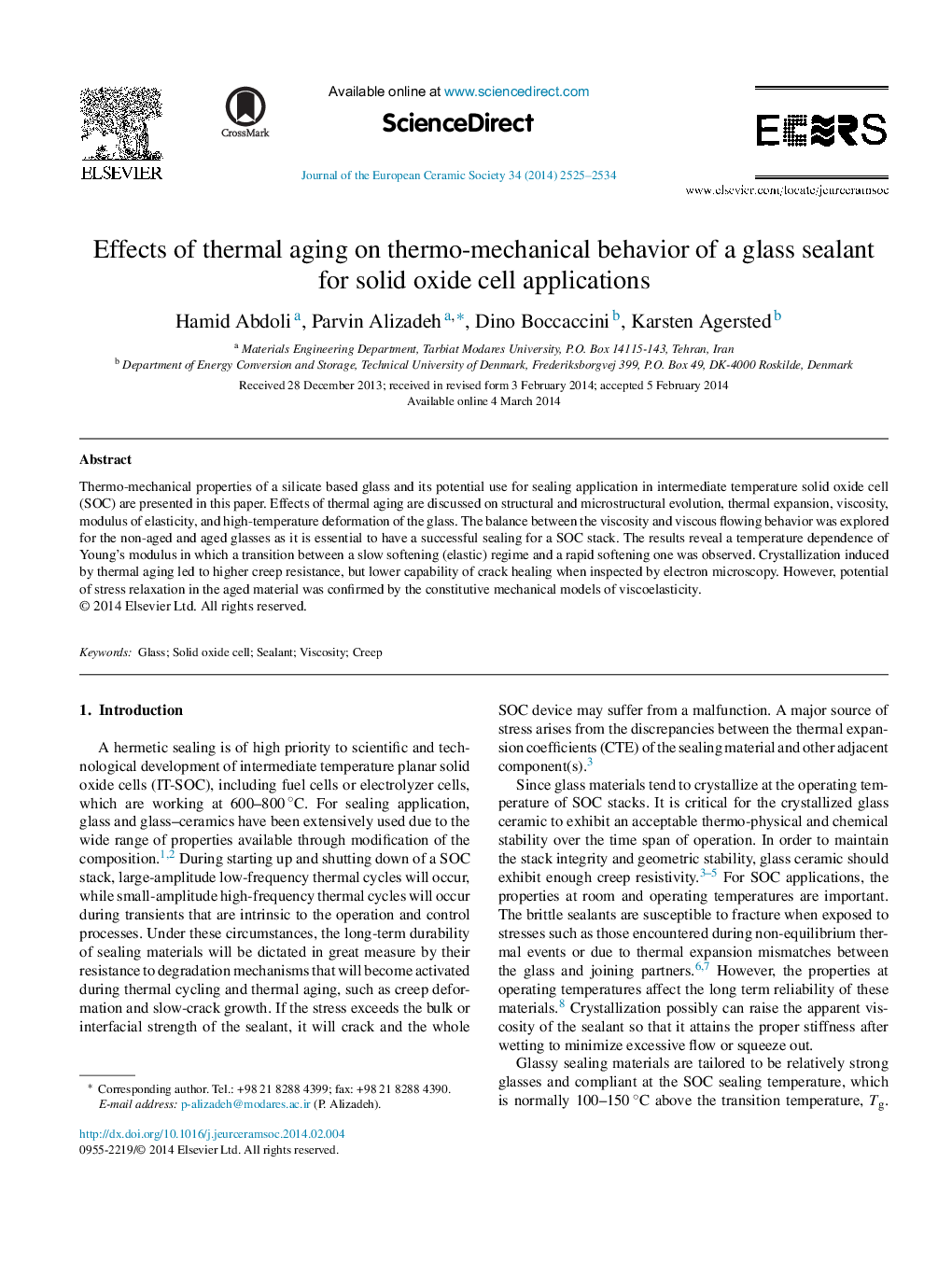 اثرات پیری حرارتی بر رفتار حرارتی مکانیکی یک سیلانت شیشه ای برای کاربردهای اکسید جامد 