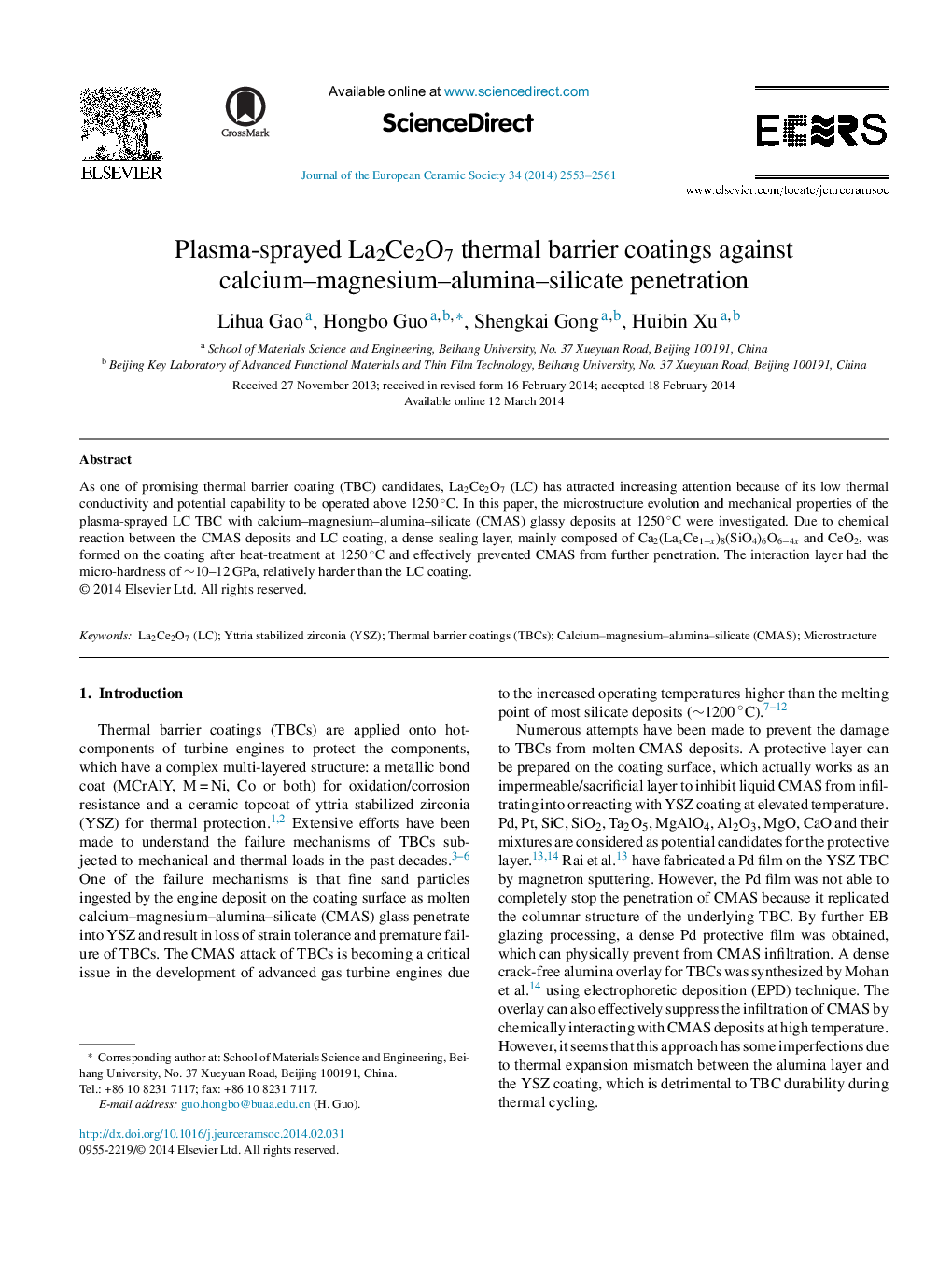 Plasma-sprayed La2Ce2O7 thermal barrier coatings against calcium–magnesium–alumina–silicate penetration