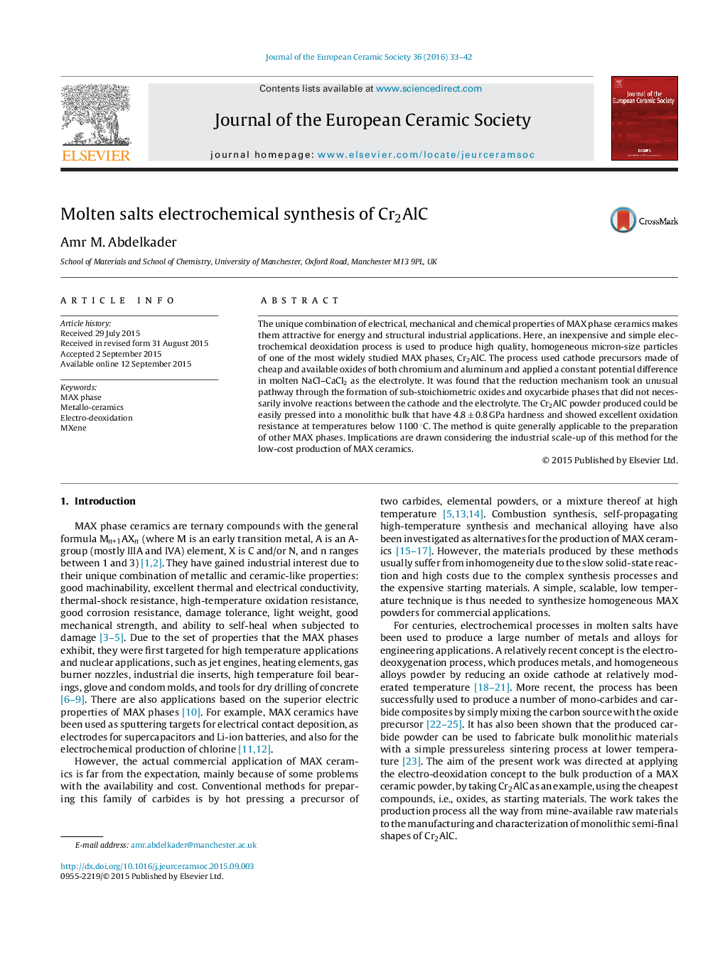 Molten salts electrochemical synthesis of Cr2AlC